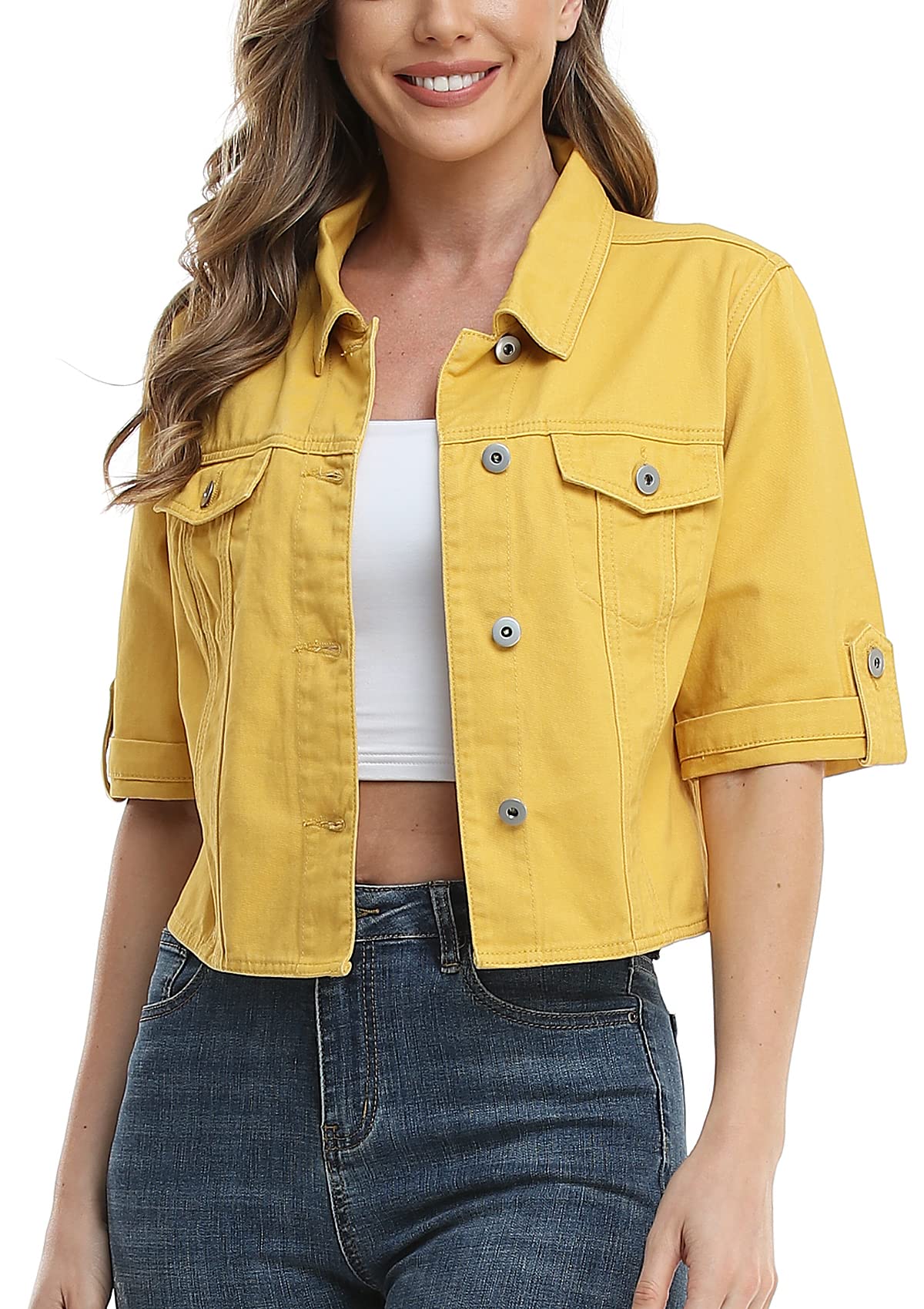 MISS MOLY Women's Cropped Denim Jacket - Short Sleeve Distressed Lightweight Jean Jacket for Summer | Casual Outfit Essential for Street Style, Music Festivals & Date Nights