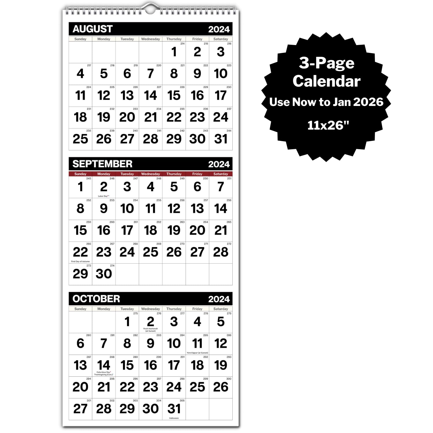 Dunwell 2024-2025 3-Month Vertical Wall Calendar | September 2024 - December 2025 | Black 11x26
