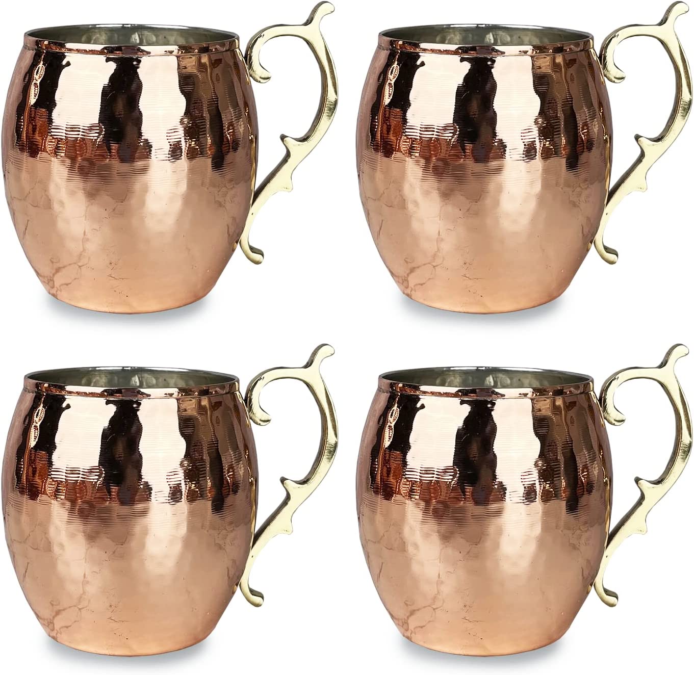 Authentic Copper Mugs Set of 4 - 16oz Hammered Moscow Mule Cups with Vintage Handles, Pure Copper & Brass Construction, Tin-Lined Interior - Perfect for Cocktails, Parties & Home Bar Decor