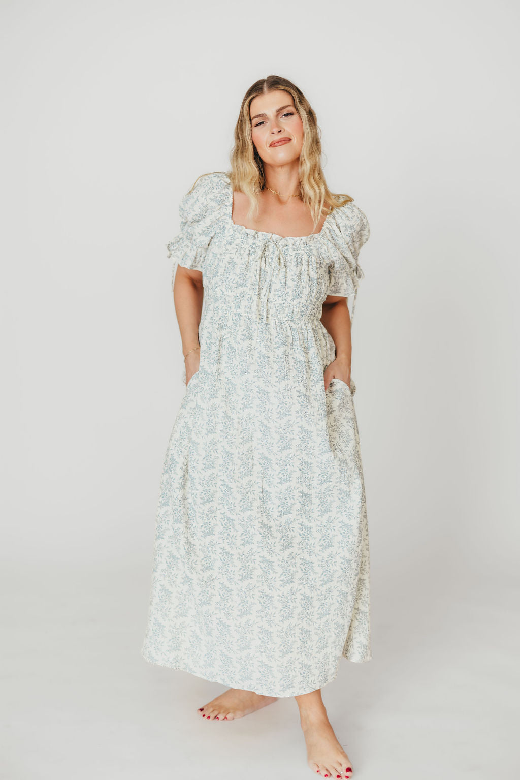 100% Cotton Savanna Steppe Midi Dress - Bump Friendly Maternity & Plus Size Blue Floral Dress for Women | Perfect for Summer Vacations, Beach Outings and Casual Wear