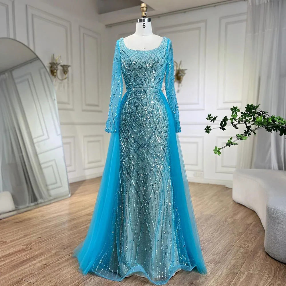 Elegant Blue Muslim Mermaid Evening Dress with Beaded Overskirt for Women - Wedding, Party & Special Occasion Gowns 2025 | LA72409 | Perfect for Bridal Showers, Galas & Formal Events