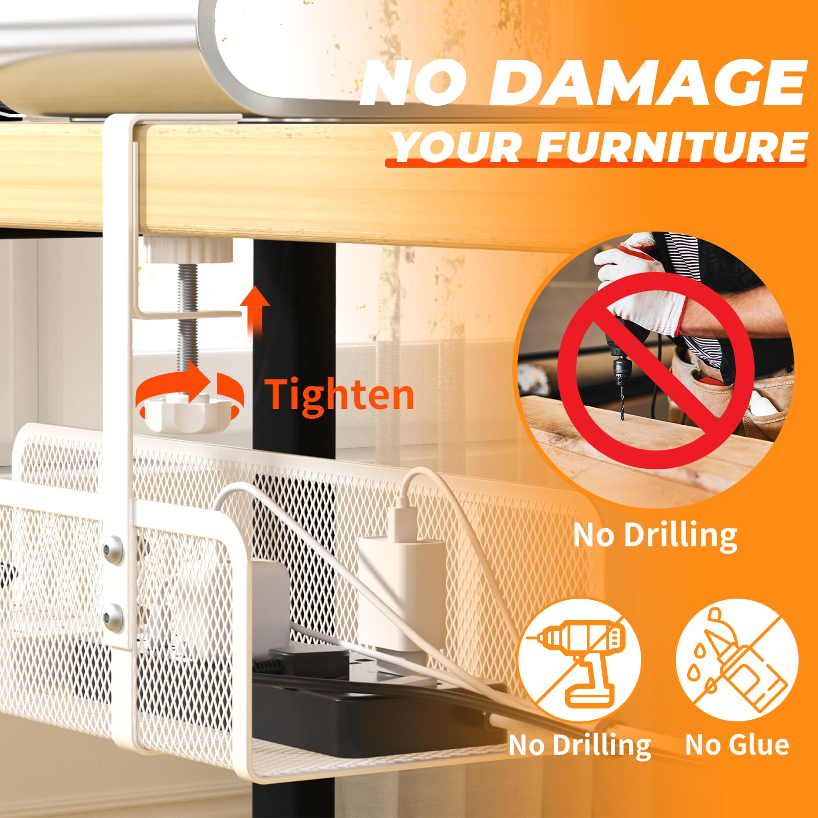 Under Desk Cable Management Tray - No Drill Wire Organizer for Office & Home | Cord Hider Box with No Damage Installation | Perfect for Computer, TV & Home Theater Setup