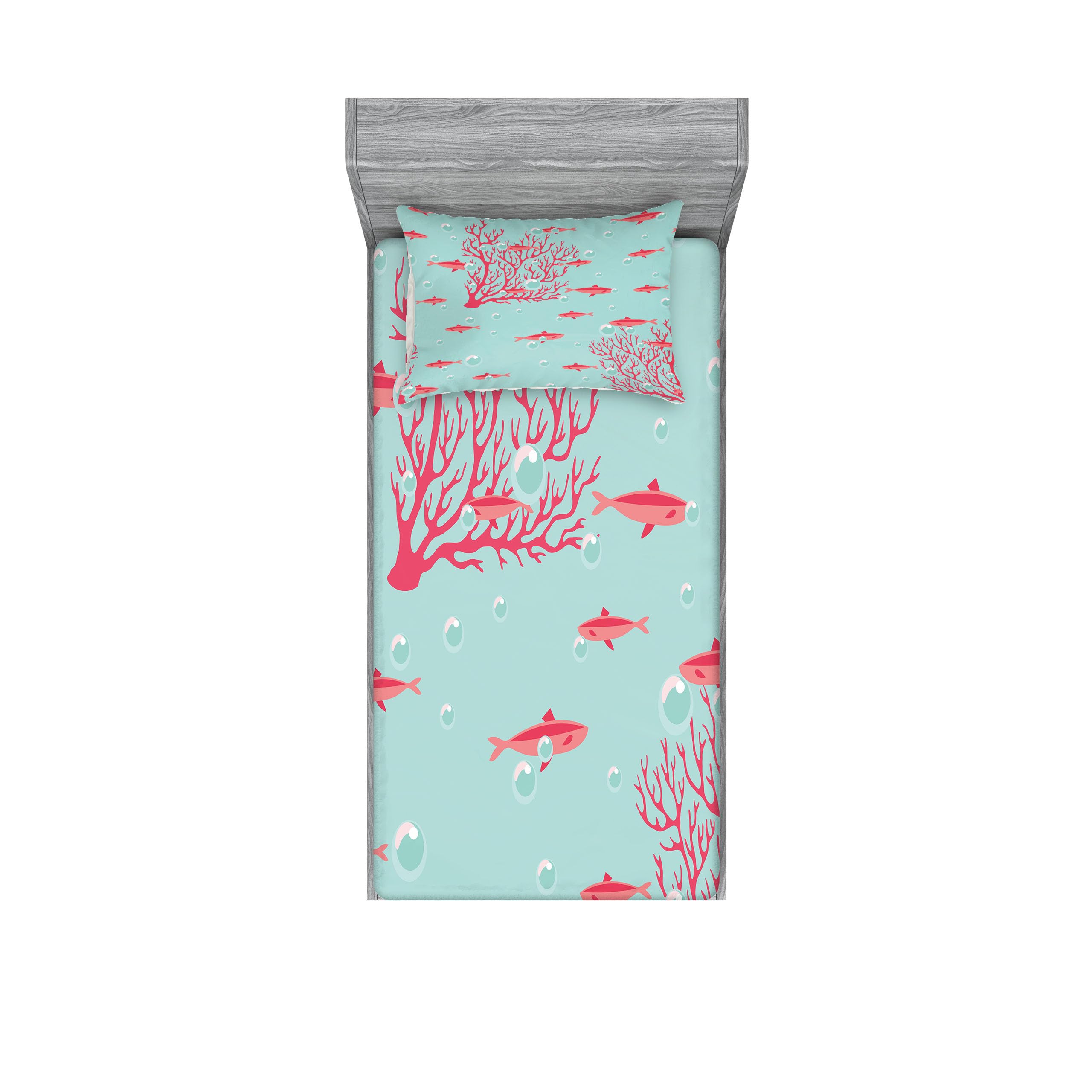 Ambesonne Coral Fitted Sheet & Pillow Sham Set - Aquatic Themed Bedding with Fish and Coral Reef Design, 2-Piece Twin Size in Dark Coral & Pale Blue | Perfect for Kids' Rooms, Beach Houses, and Ocean-Themed Bedroom Decor