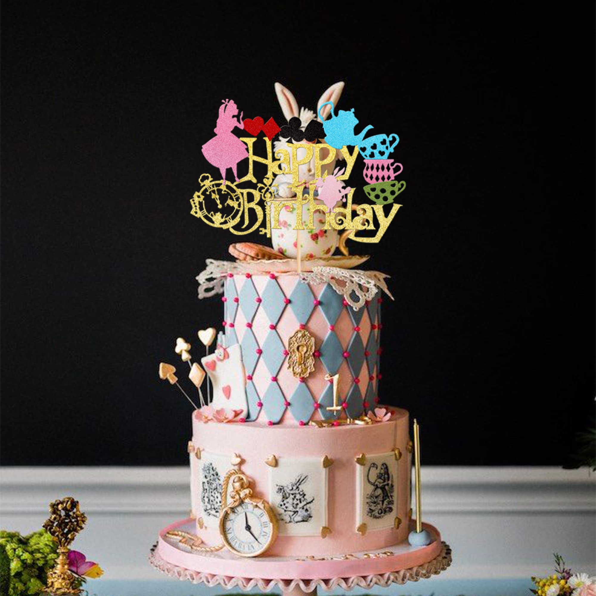 1 PCS Magic Alice Birthday Cake Topper - Glitter Magical Poker Bunny Bowl Clock Fairy Cake Decor for Baby Shower, Kids Birthday Party, Tea Party & Special Events - Perfect for Unicorn, Princess, Wonderland Themed Celebrations
