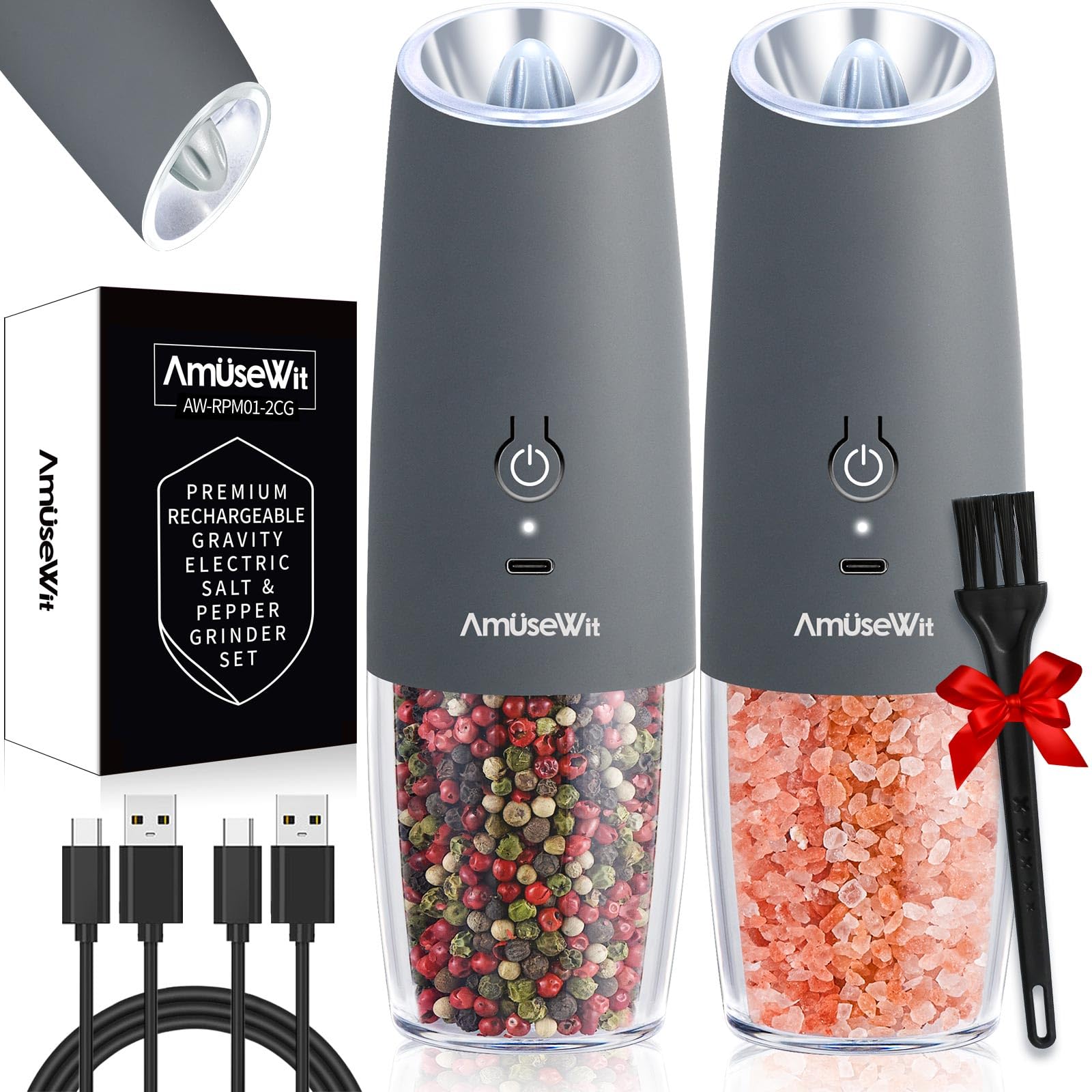 AmuseWit USB Rechargeable Electric Salt and Pepper Grinder Set - Adjustable Coarseness, One-Handed Operation, Cool Gray & White Light - Perfect for Kitchen, Dining Table, Camping, and Gifts