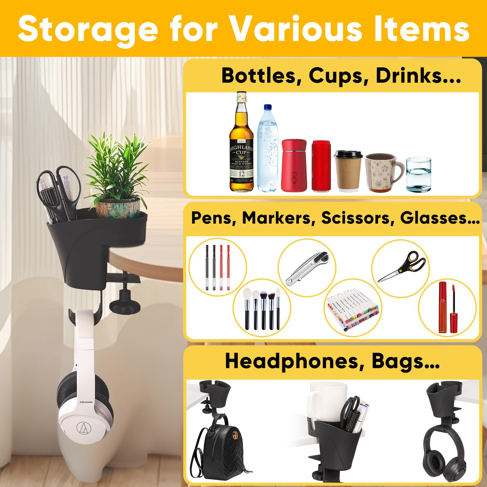 3 in 1 Clip On Cup Holder for Gaming Desk, Salon Chair & Bedside - ABS Plastic Black Organizer for Coffee, Water Bottles, Drinks, Headphones & Pens | Perfect for Gamers, Office & Home Use