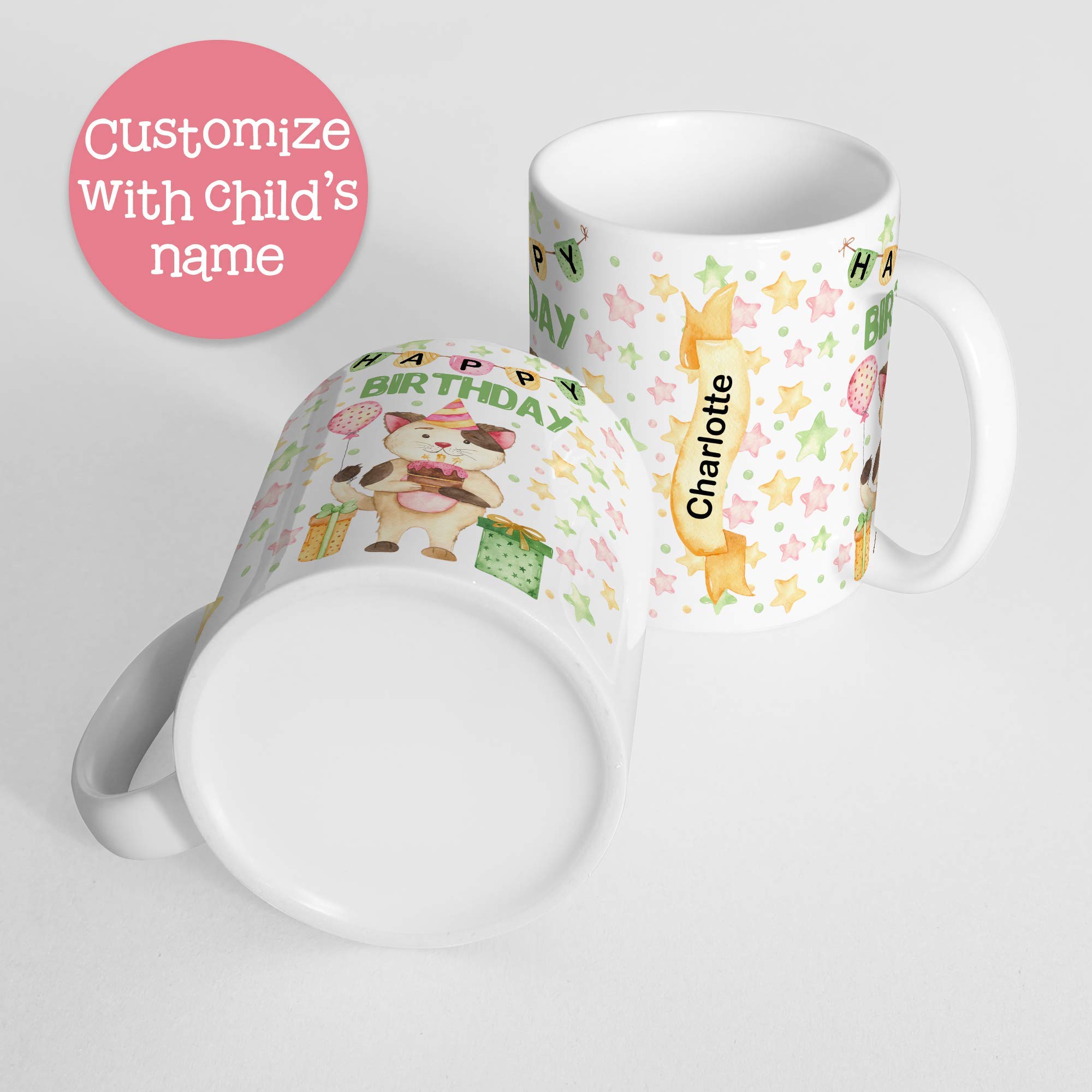 Personalized Kids Birthday Mug - Pink Kitty Cat with Balloons Design | Unbreakable, Dishwasher Safe & BPA Free Cup | Perfect Gift for Children's Party, Birthday Celebration & Daily Use