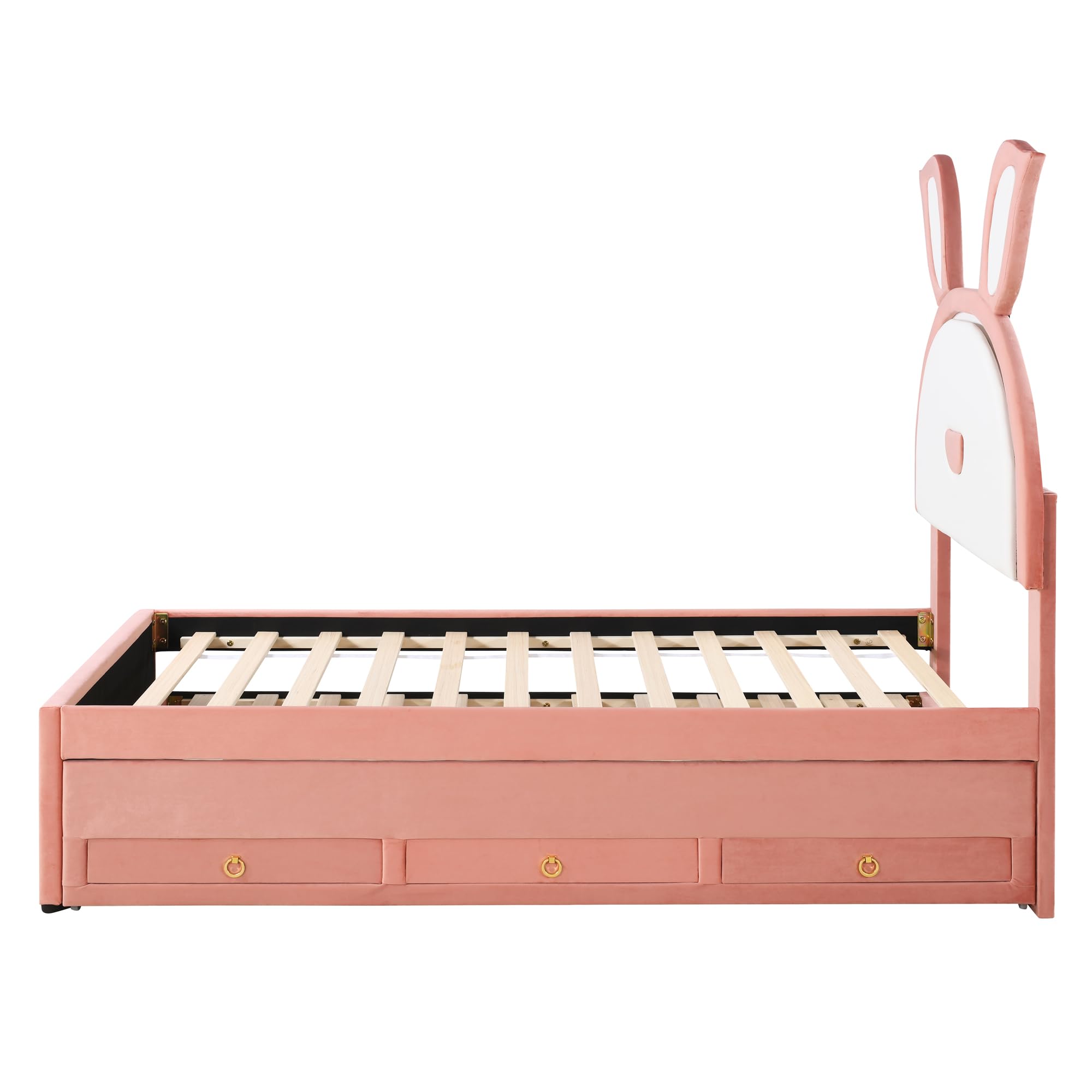 P PURLOVE Twin Size Wooden Platform Bed Frame with Rabbit-Shaped Headboard - Upholstered Bed with Trundle, 3 Storage Drawers & LED Lights - No Box Spring Required - Easy Assembly - Pink - Perfect for Kids Rooms, Teen Bedrooms & Nursery Decor