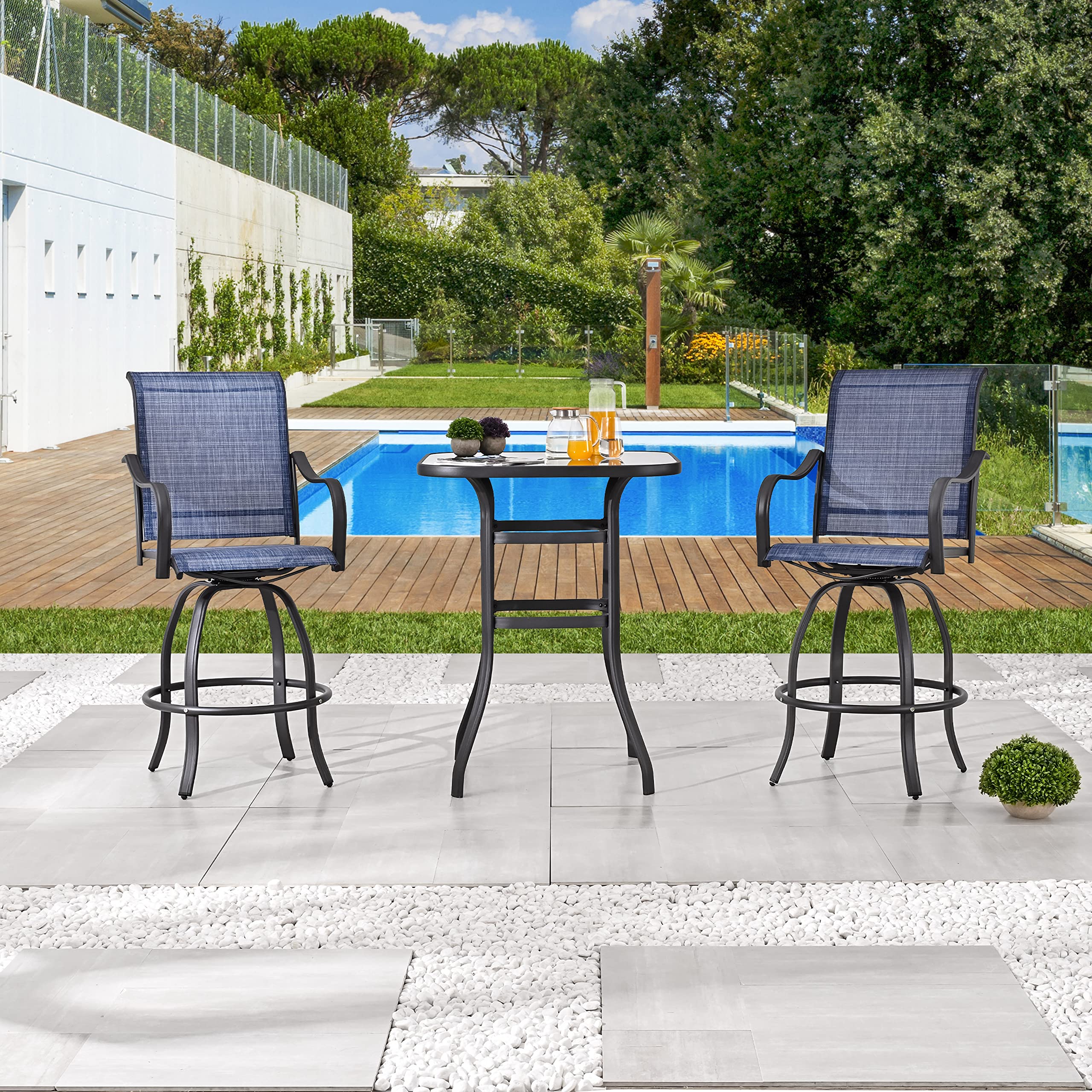 LOKATSE HOME 2-Piece Swivel Bar Stool Set with Adjustable Height - Blue Tesling Fabric for Outdoor Bistro & Patio Furniture - Perfect for Backyard, Deck, Garden, and Poolside Dining