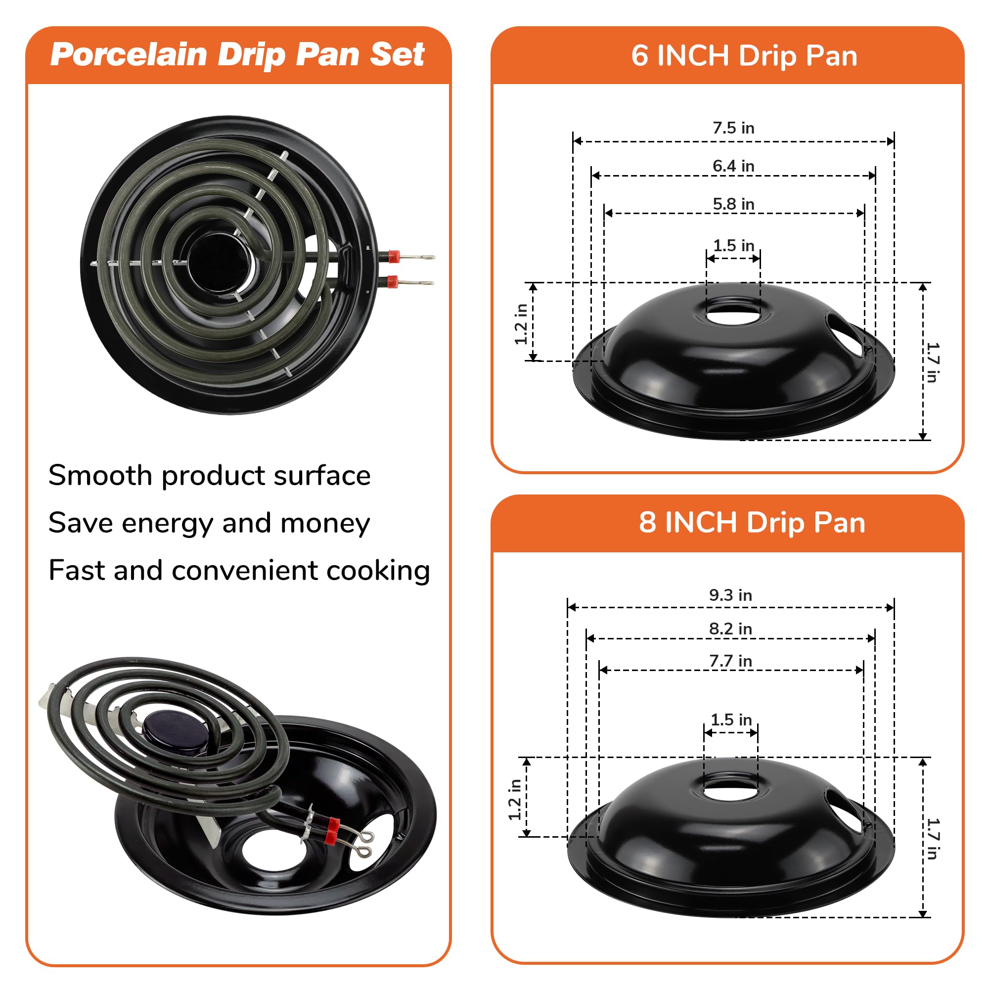 Electric Stove Range Burner Element MP22YA with Black Porcelain Drip Pans (318067041, 318067051) - Replacement for Frigidaire Kenmore Models 5304430149 & 5304430150 | Perfect for Kitchen Upgrades & Appliance Repairs