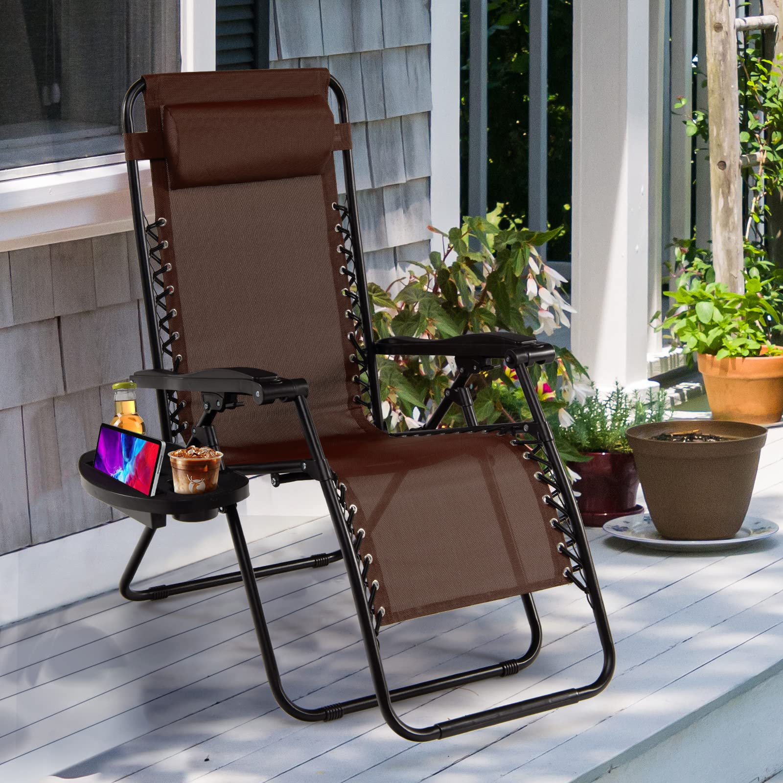 Goplus Zero Gravity Lounge Chairs Set of 2 - 160° Adjustable Folding Recliner with Pillow & Cup Holder, 350LBS Capacity - Comfortable Outdoor Patio Chairs for Backyard, Poolside, Beach & Camping (Brown) - Perfect for Relaxing, Sunbathing & Outdoor Lounging