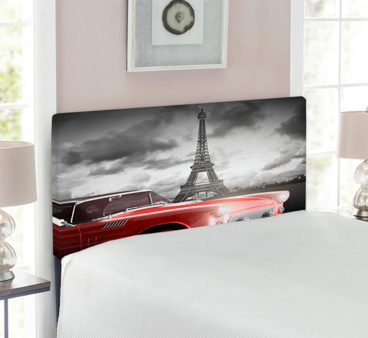 Ambesonne Paris Vintage Eiffel Tower Headboard - Romantic Retro Art Upholstered Metal Bed Frame with Memory Foam, Twin Size Grey Red | Perfect for Bedroom Decor & French-Themed Interiors