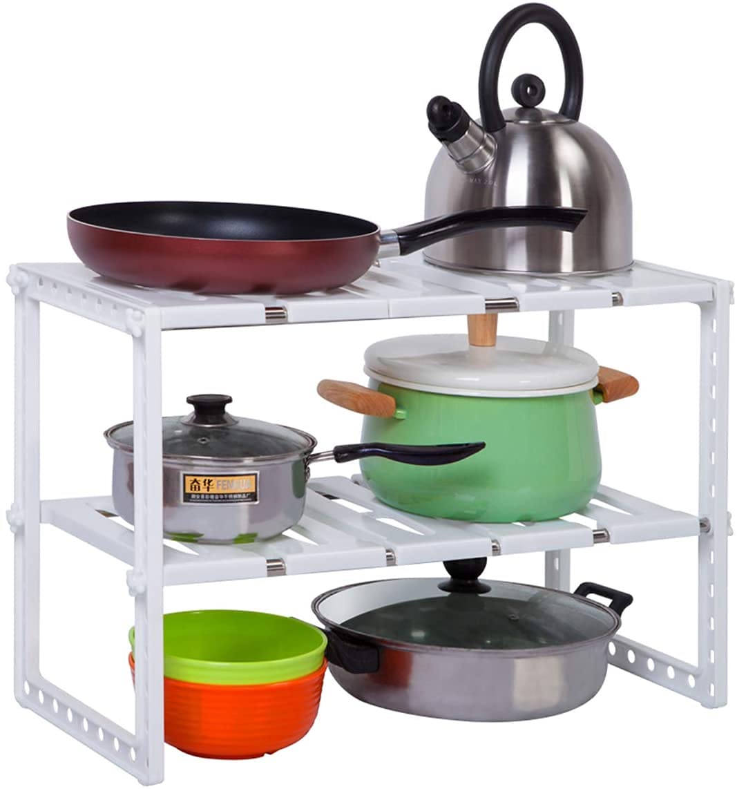 2-Tier Expandable Under Sink Organizer with Adjustable Shelves - Space Saving Kitchen Storage Solution (15.35-26