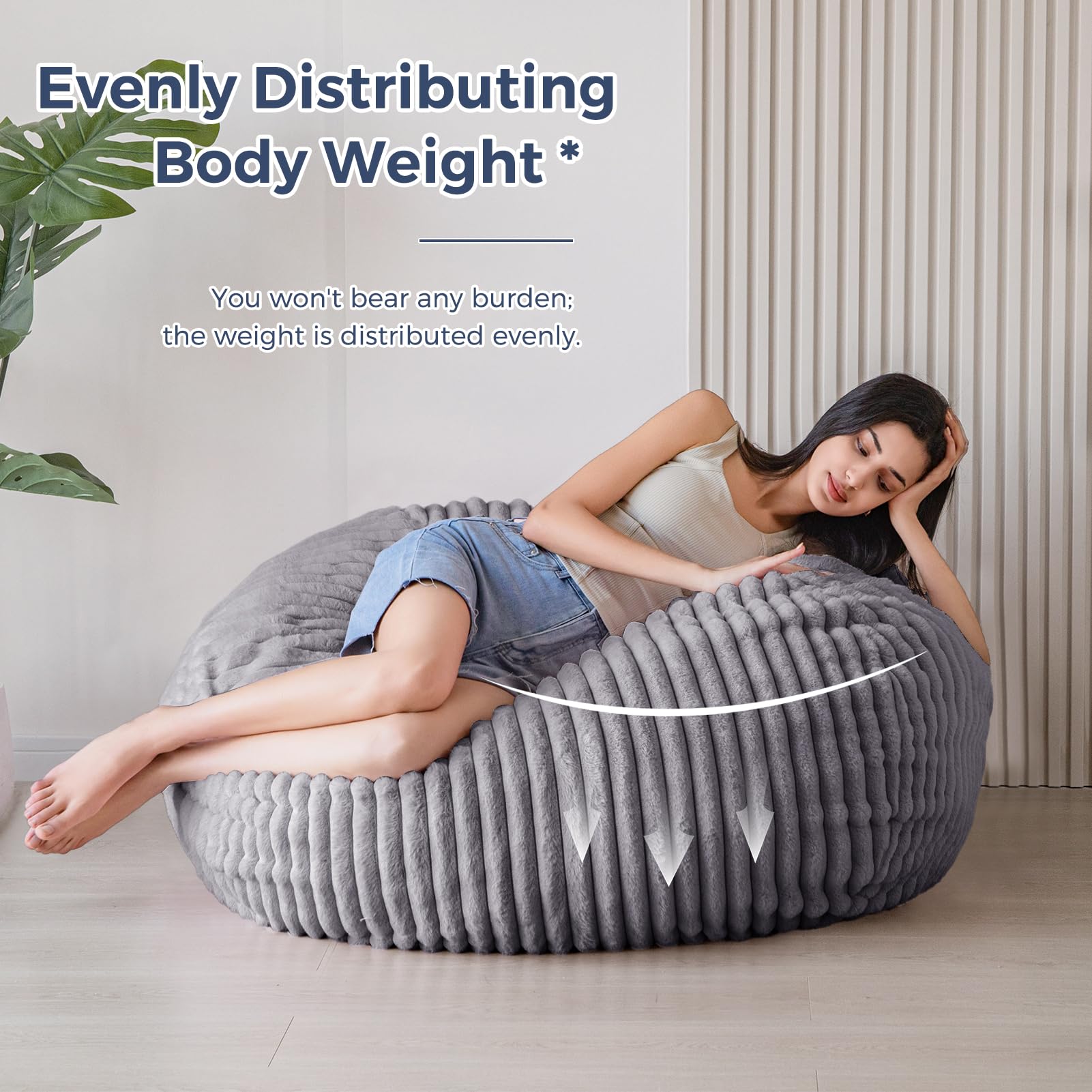 MAXYOYO 3ft Faux Fur Bean Bag Chair for Adults - Soft Striped Lazy Sofa for Living Room, Bedroom, Dorm - Dark Grey - Perfect for Relaxing, Gaming & Reading