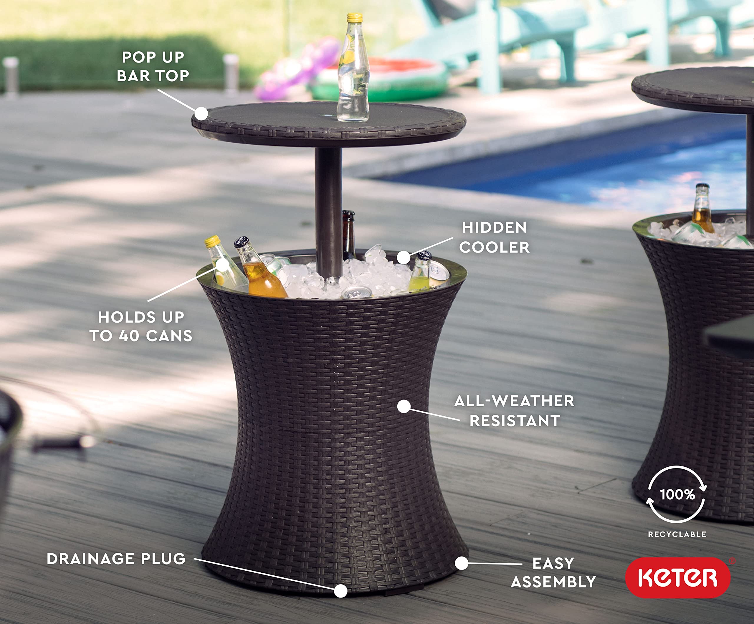 Keter Pacific Cool Bar - Outdoor Patio Furniture with 7.5 Gallon Beverage Cooler & Hot Tub Side Table - Espresso Brown - Perfect for Backyard BBQs, Pool Parties & Outdoor Entertaining