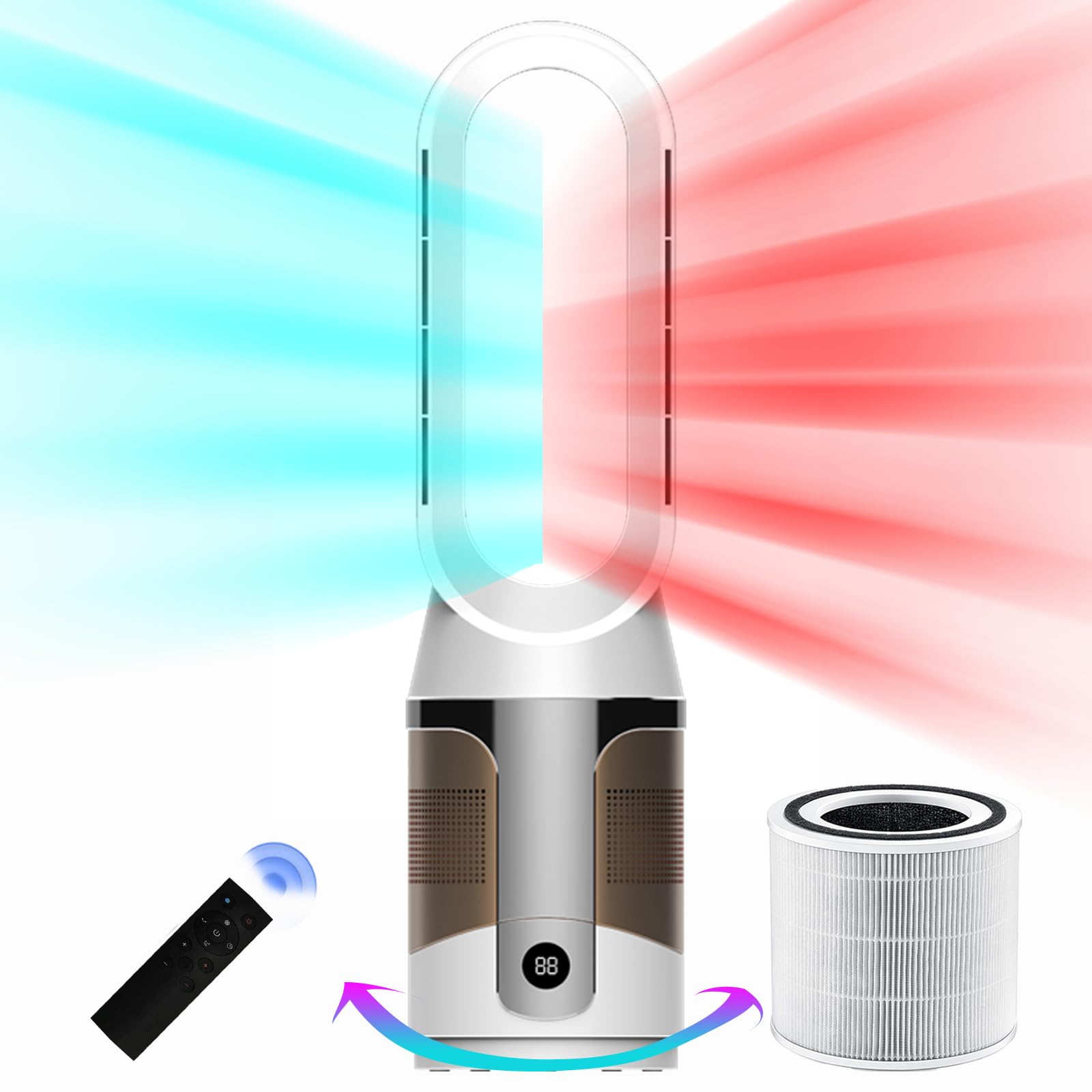 Bladeless Tower Fan with Heater and Air Purifier - 90° Oscillation, Remote & Touch Control, All-Season Use - Perfect for Office, Bedroom, Living Room (Silver/Gold) | Stay Cool in Summer & Warm in Winter with Quiet Air Circulation