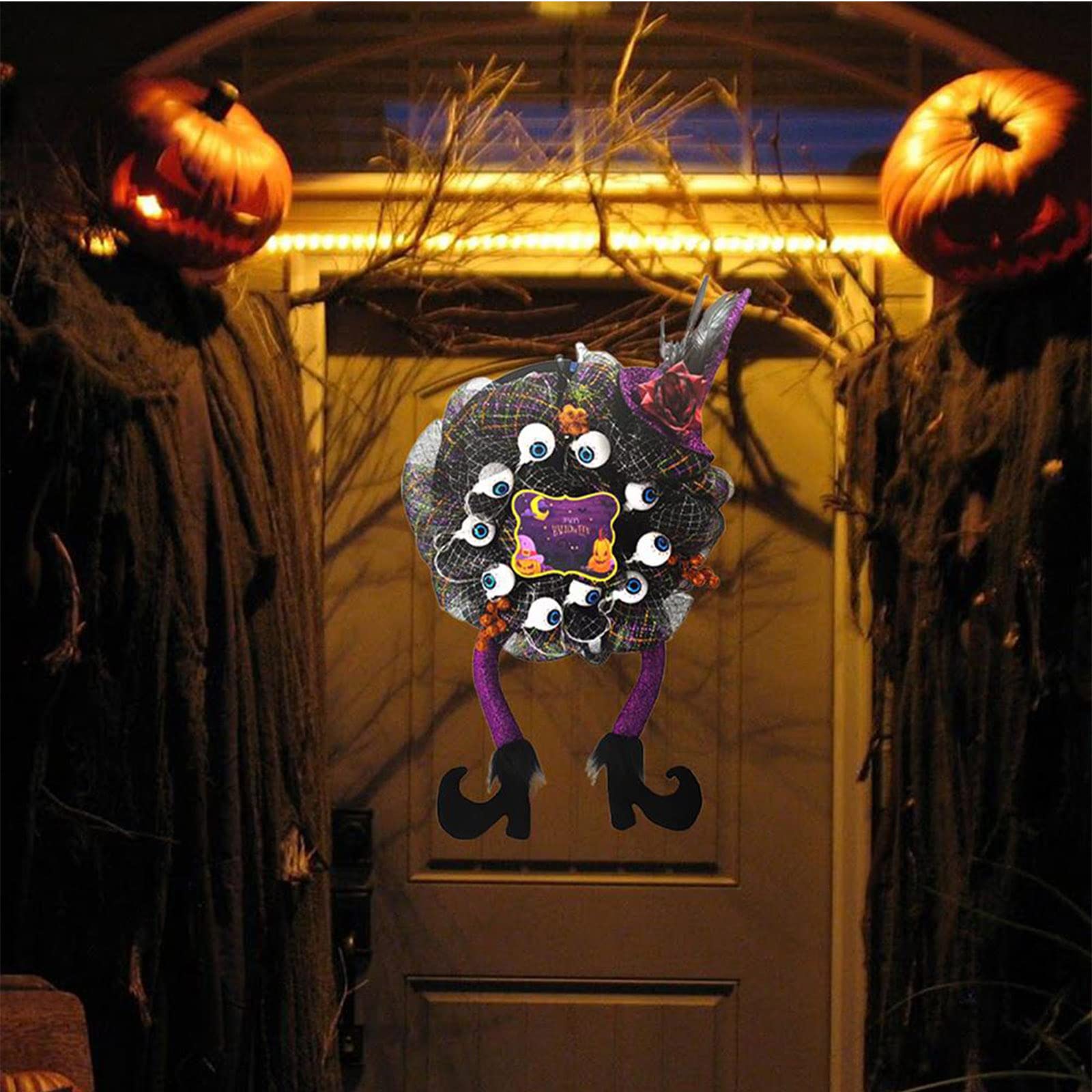 Glowing LED Halloween Wreath - Witch Hat Leg Design with Light-Up Eyes for Front Door, Wall, and Party Decor | Spooky Home & Outdoor Halloween Decorations