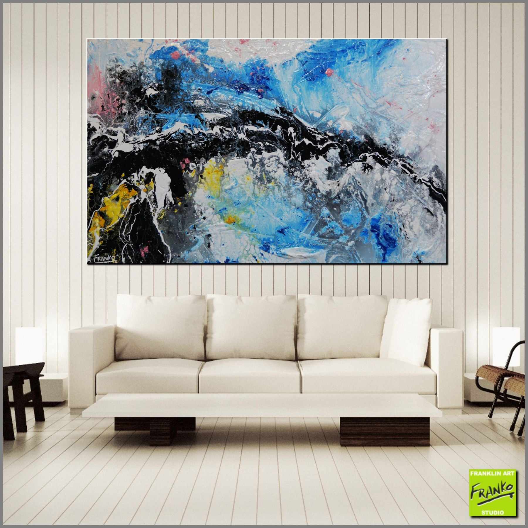 Jelly Dynamite 160cm x 100cm White Blue Black Textured Abstract Canvas Painting - Modern Wall Art for Living Room, Bedroom & Office Decor