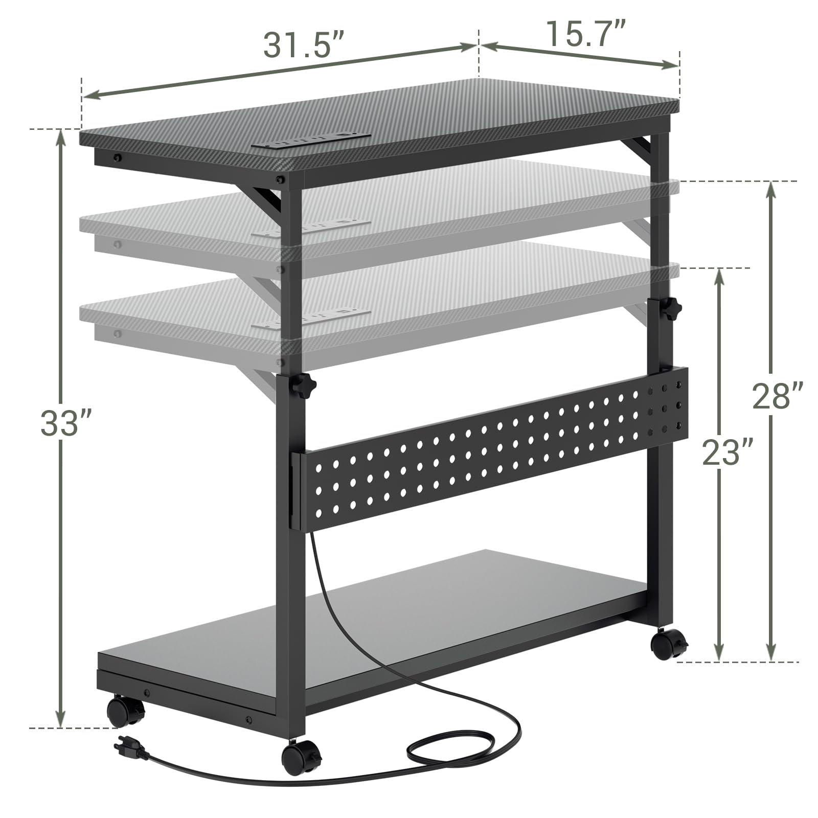 Adjustable Height Rolling Computer Tower Stand with Power Strips - 32