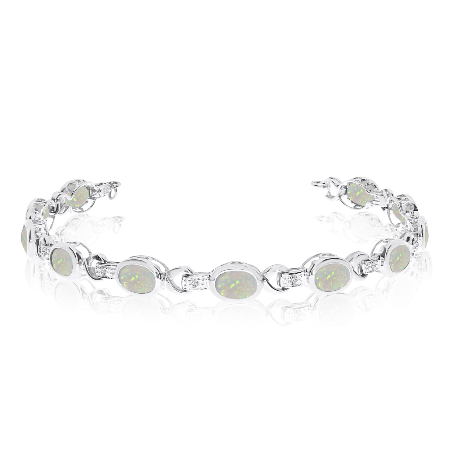 14K White Gold Oval Opal and Diamond Bracelet for Women - Elegant Handmade Jewelry Gift for Anniversary, Birthday & Special Occasions