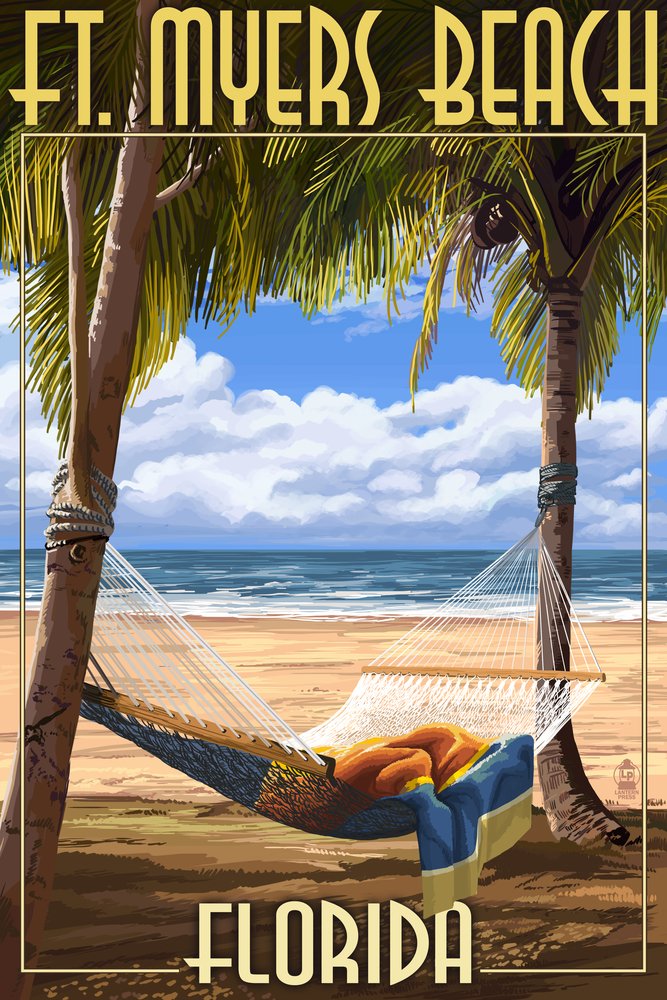Ft. Myers Beach Florida Hammock 41827 - 24x36 Signed Art Print - Coastal Wall Decor Poster for Living Room, Bedroom & Beach House Decor