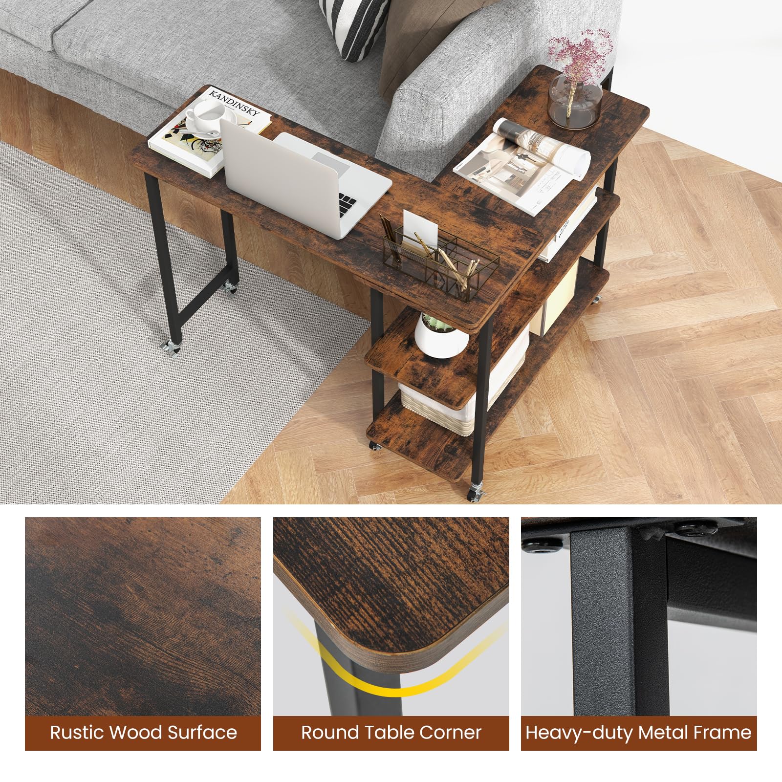 Tangkula 360° Rotating Side Table with 2-Tier Storage - Mobile End Table with Lockable Casters & Metal Frame - Swivel Rolling Desk for Living Room, Bedroom & Office - Perfect as Laptop Table, Couch Table or Snack Stand