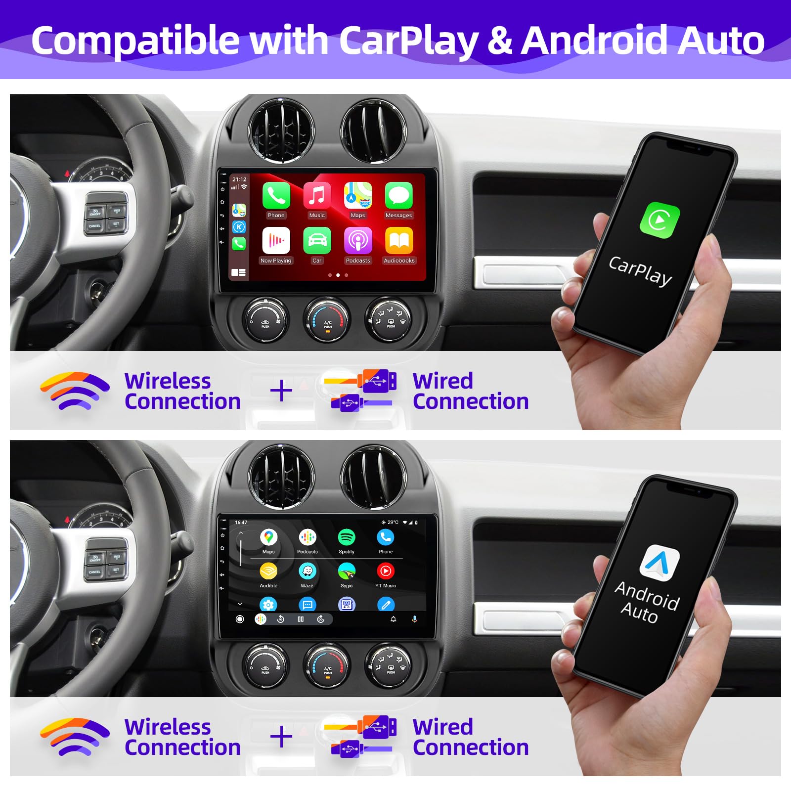 Upgrade Android Car Radio for Jeep Patriot & Compass 2010-2016 | Wireless CarPlay & Android Auto | 8-Core Touch Screen | Bluetooth GPS Navigation | FM/AM Stereo | Multimedia Player Head Unit | Perfect for Road Trips & Daily Commutes