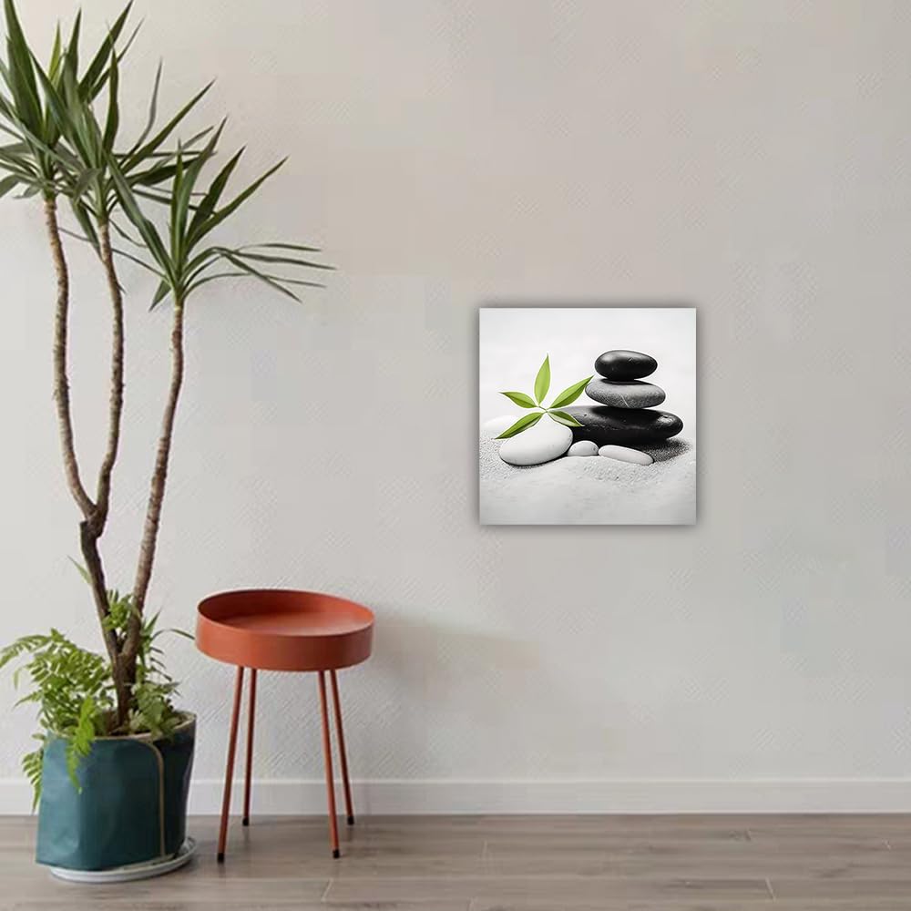 Zhouwallpic Zen Canvas Wall Art - Black & White Stone Bamboo Painting Nature Spiritual Print - Meditation Room Decor Framed Picture (28x28 Inch) - Perfect for Yoga Studios, Home Offices & Mindfulness Spaces