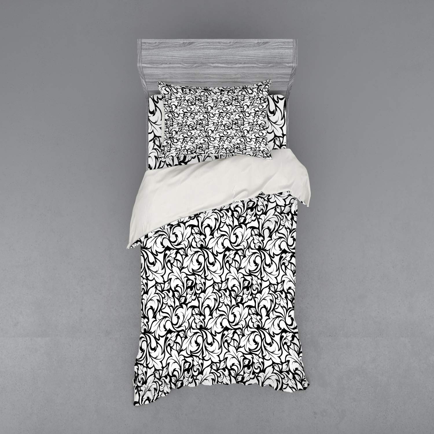Ambesonne Floral Duvet Cover Set - Monochrome Leaves Abstract Design, 3 Piece Twin XL Bedding Set with Sham & Fitted Sheet (Black & White) | Botanical Print for Modern Bedroom Decor & Gardening Inspired Home Aesthetics