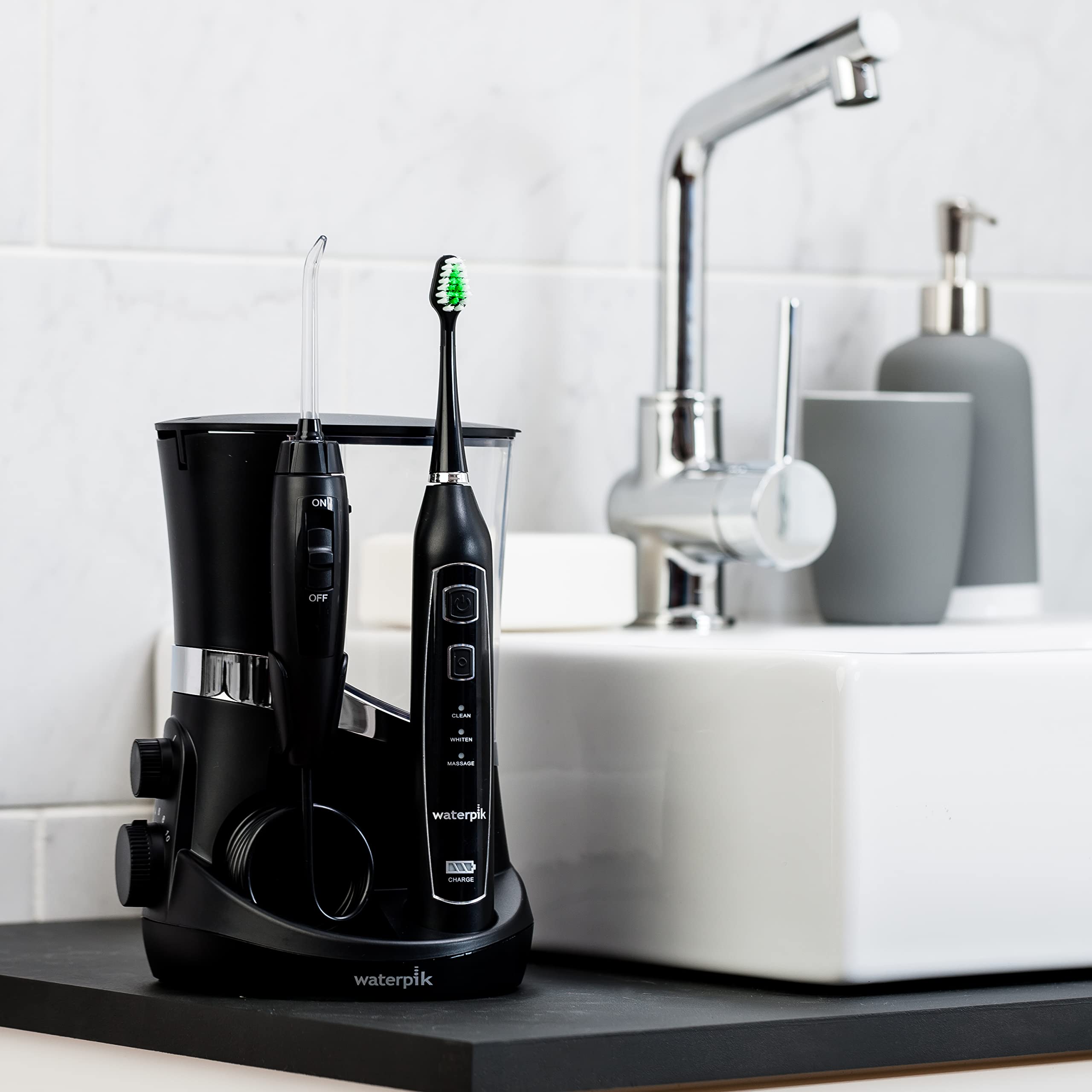 Waterpik Complete Care 5.0 Water Flosser and Sonic Electric Toothbrush Set - Professional Dental Care for Teeth Cleaning, Plaque Removal, and Gum Health (Black, WP-862) - Perfect for Home Oral Hygiene and Travel Use
