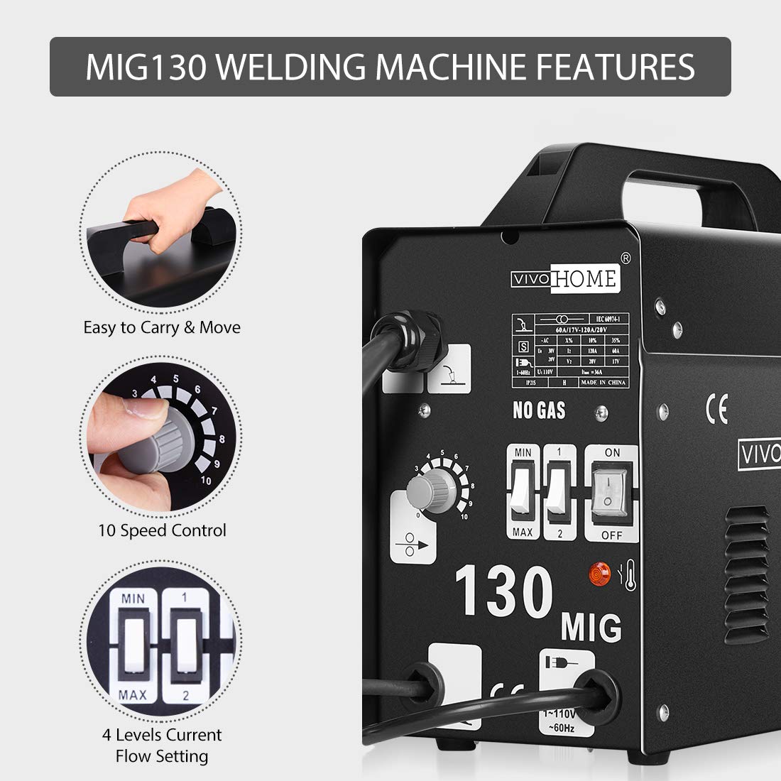VIVOHOME 130 Amp MIG Welder with Flux Core Wire, Automatic Feed, No Gas Required, 110V Portable Welding Machine - Perfect for DIY, Home Repairs, Metal Fabrication & Automotive Projects (Includes Free Welding Mask) - Black