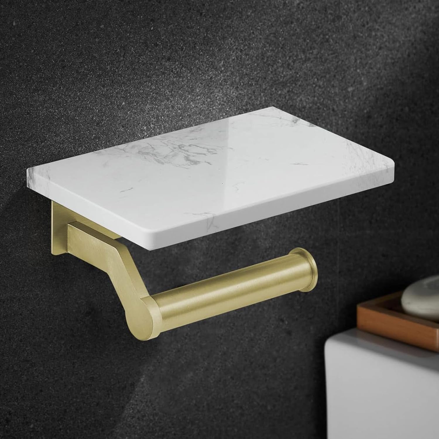 Brushed Gold Stainless Steel Toilet Paper Holder with White Natural Marble Shelf - Wall Mounted Bathroom Tissue Roll Holder for Kitchen, Washroom & Bedroom - Elegant Storage Solution for Home and Office Spaces
