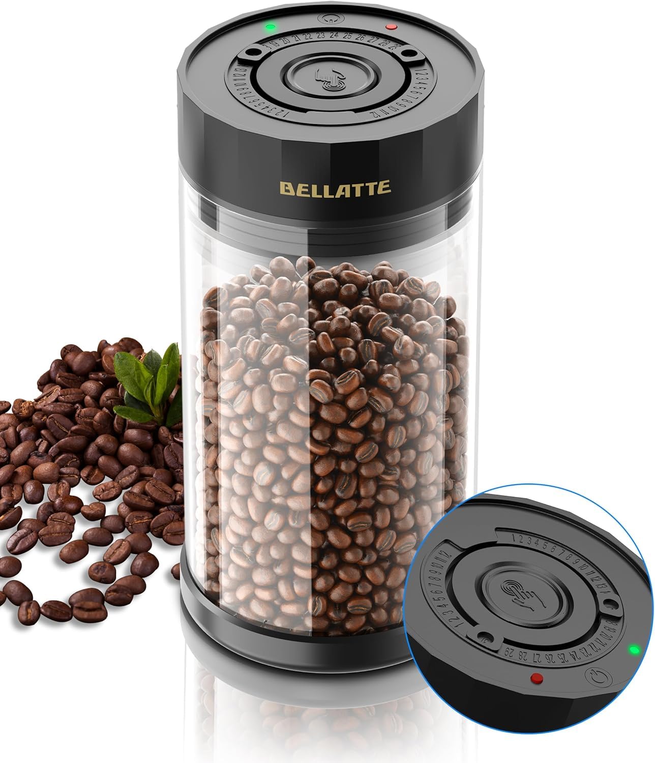 Vacuum Coffee Storage Container 1.2L - Airtight Glass Coffee Canister with Auto Seal Lid & Date Tracker - Holds 16oz Coffee Beans - Dishwasher Safe - Perfect for Kitchen Countertop, Pantry Organization & Fresh Coffee Preservation