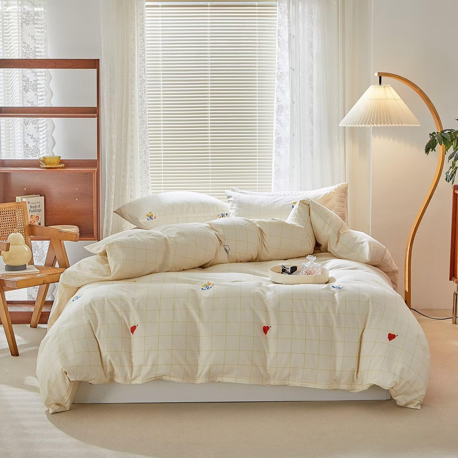 BuLuTu 100% Cotton Plaid Duvet Cover Twin Size - Beige Geometric Grid Pattern Kids Bedding Set with Zipper Closure & Corner Ties | Soft Breathable Comforter Cover for Girls' Room Decor & Teen Bedroom