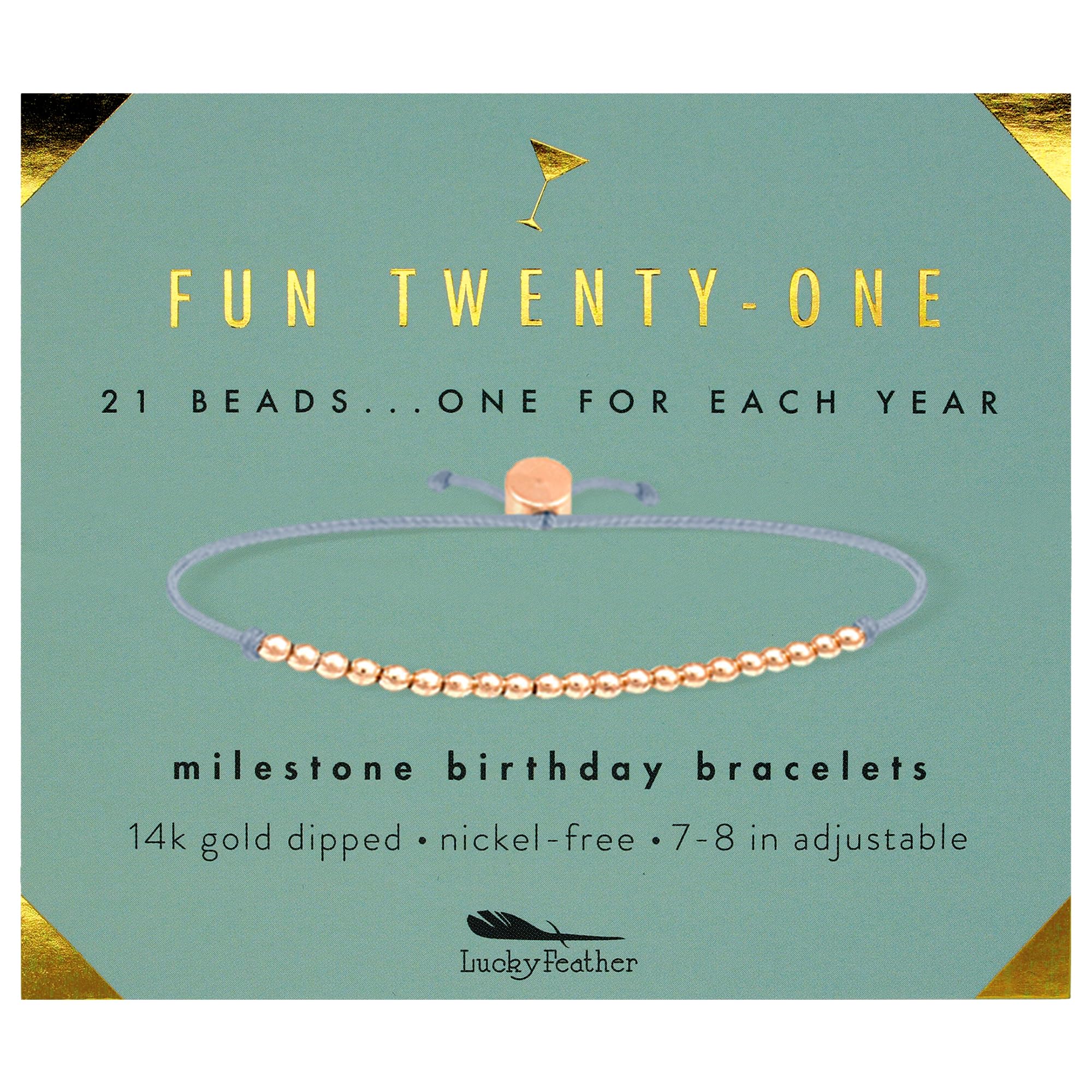 21st Birthday Gifts for Women - 14K Gold Dipped Beads Adjustable Bracelet | Lucky Feather Charm | Perfect 21st Birthday Present for Her | Ideal for Parties, Graduation & Special Occasions