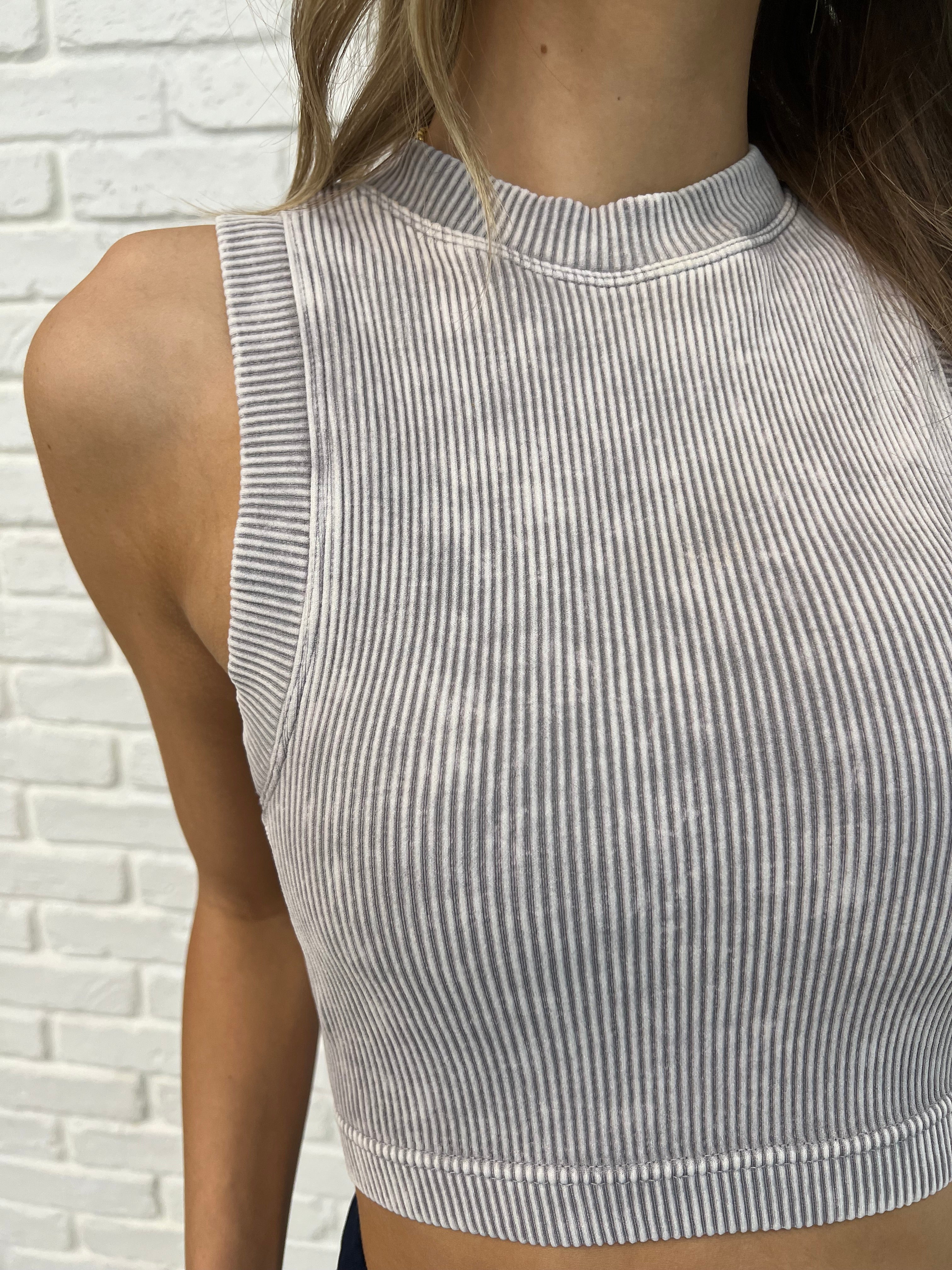 Over and Out Cropped Ribbed Tank Top in Sleet - Women's Fashion Stretch Fit Casual Wear for Summer Outfits & Beach Vacations