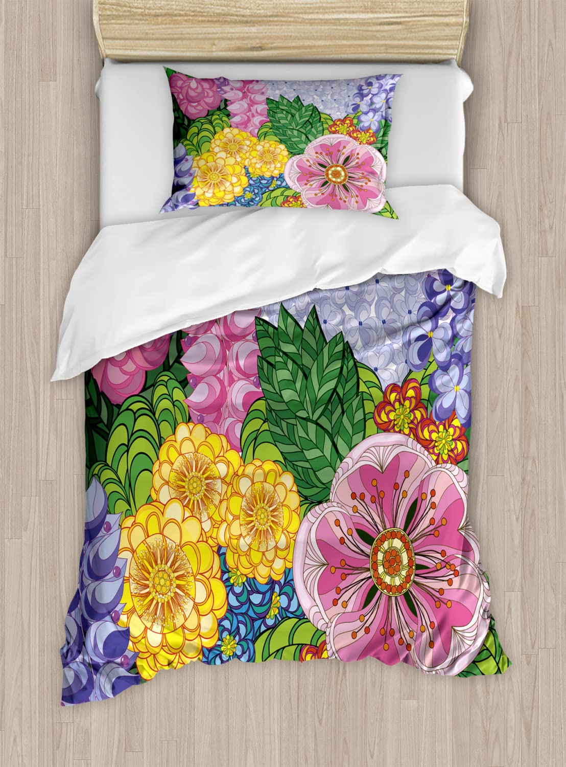 Ambesonne Floral Duvet Cover Set - Vintage Romantic Flower Petals Design, 2-Pack Twin Size Bedding with 2 Duvet Covers & 2 Pillowcases in Lilac Green | Perfect for Spring & Summer Bedroom Decor, Guest Room Makeover, and Feminine Home Styling