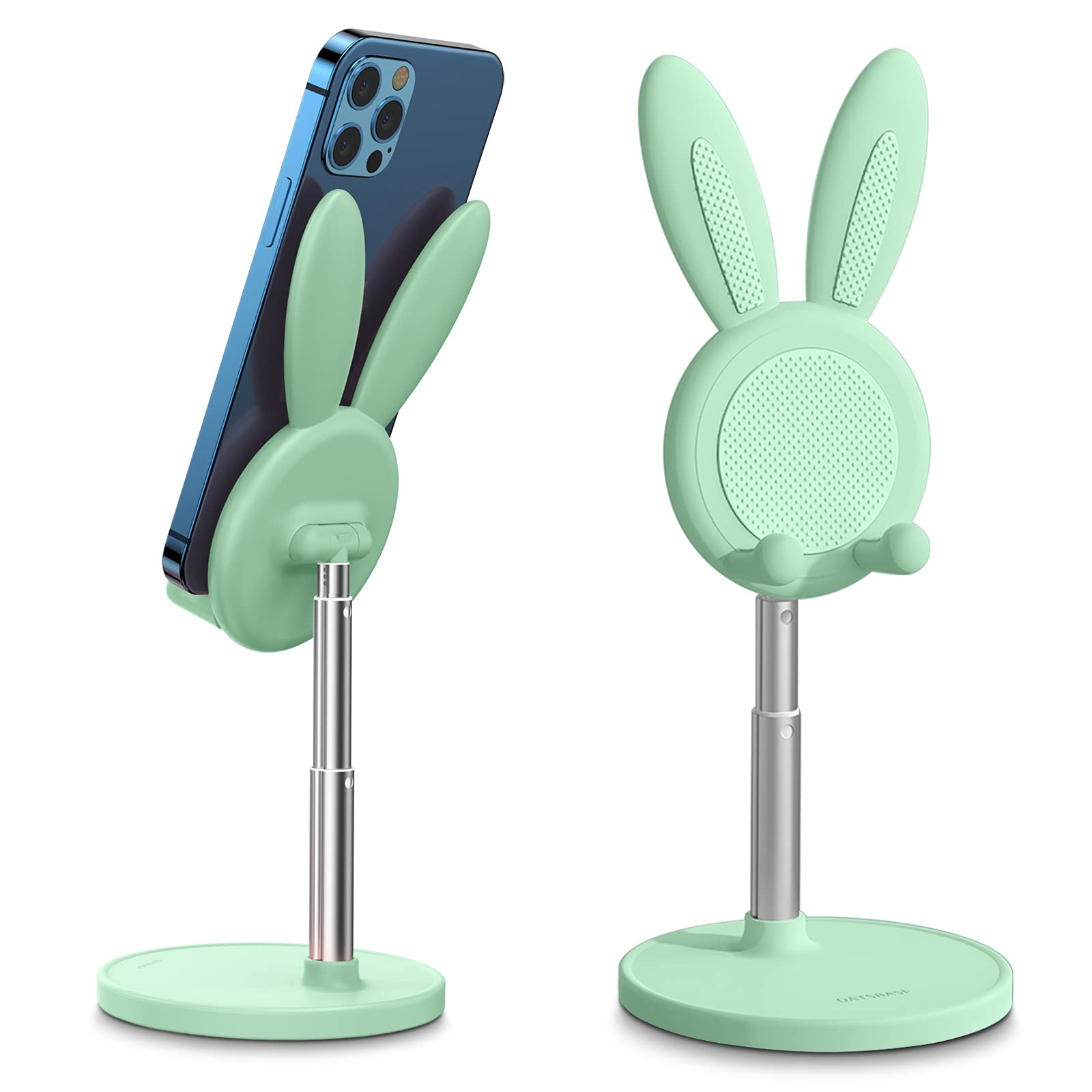 Adjustable Bunny Phone Stand for Desk - Thick Case Friendly Holder Compatible with iPhone, iPad, Kindle, Switch & All Tablets (Green) - Perfect for Work, Study & Watching Videos