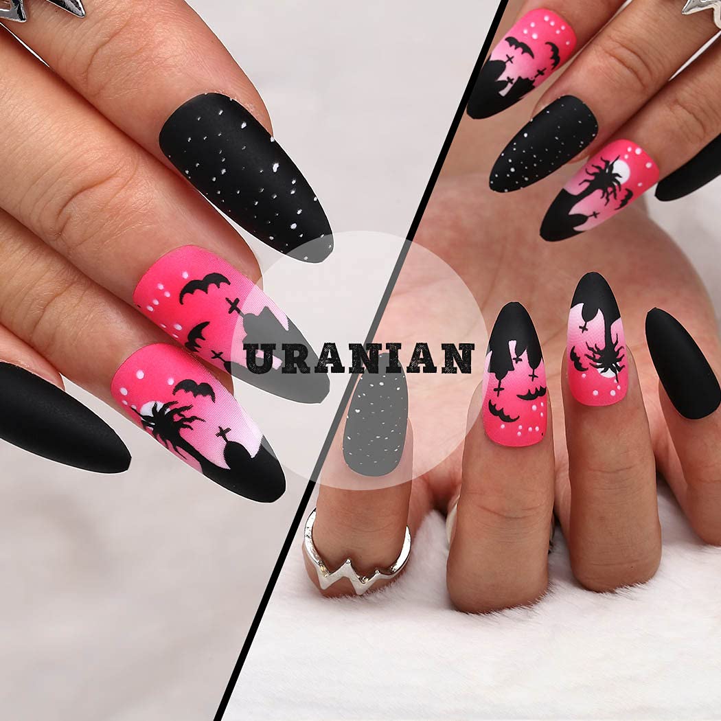 Gothic Almond Acrylic Fake Nails 24pcs - Matte Pink French Cross Design with Black Spots | Long Press on False Nails | Full Cover Stiletto Halloween Nails for Women & Girls (Pattern C) | Perfect for Costume Parties, Gothic Fashion & Special Occasions