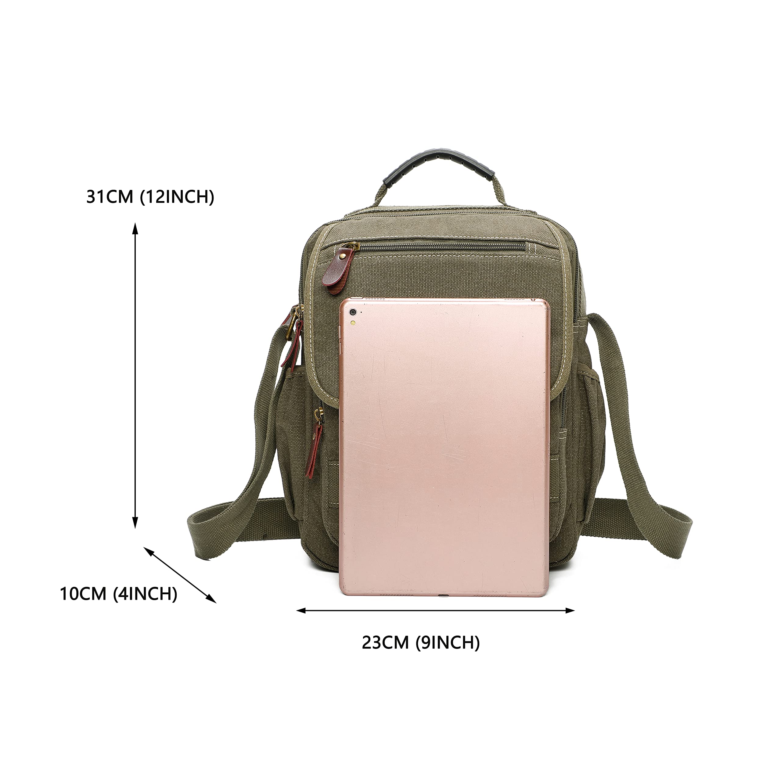 Men's Small Canvas Messenger Bag - Crossbody Shoulder Purse with Water Bottle Pocket (12 Inch) - Perfect for Work, Travel & Daily Commute