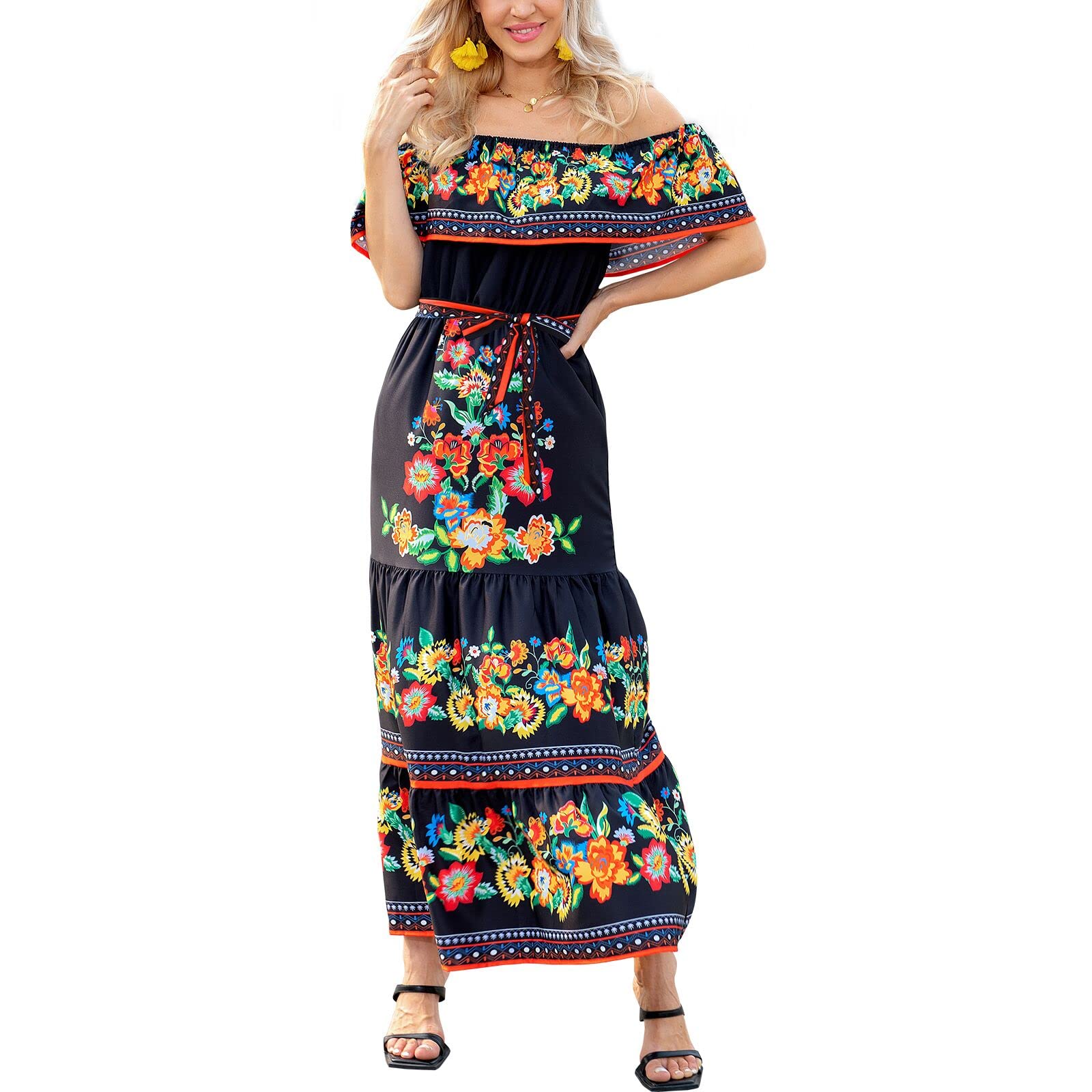 Xplanet Women's Mexican Off Shoulder Floral Print Maxi Dress - Summer Casual Party Sundress for Beach Vacation, Date Night & Outdoor Events