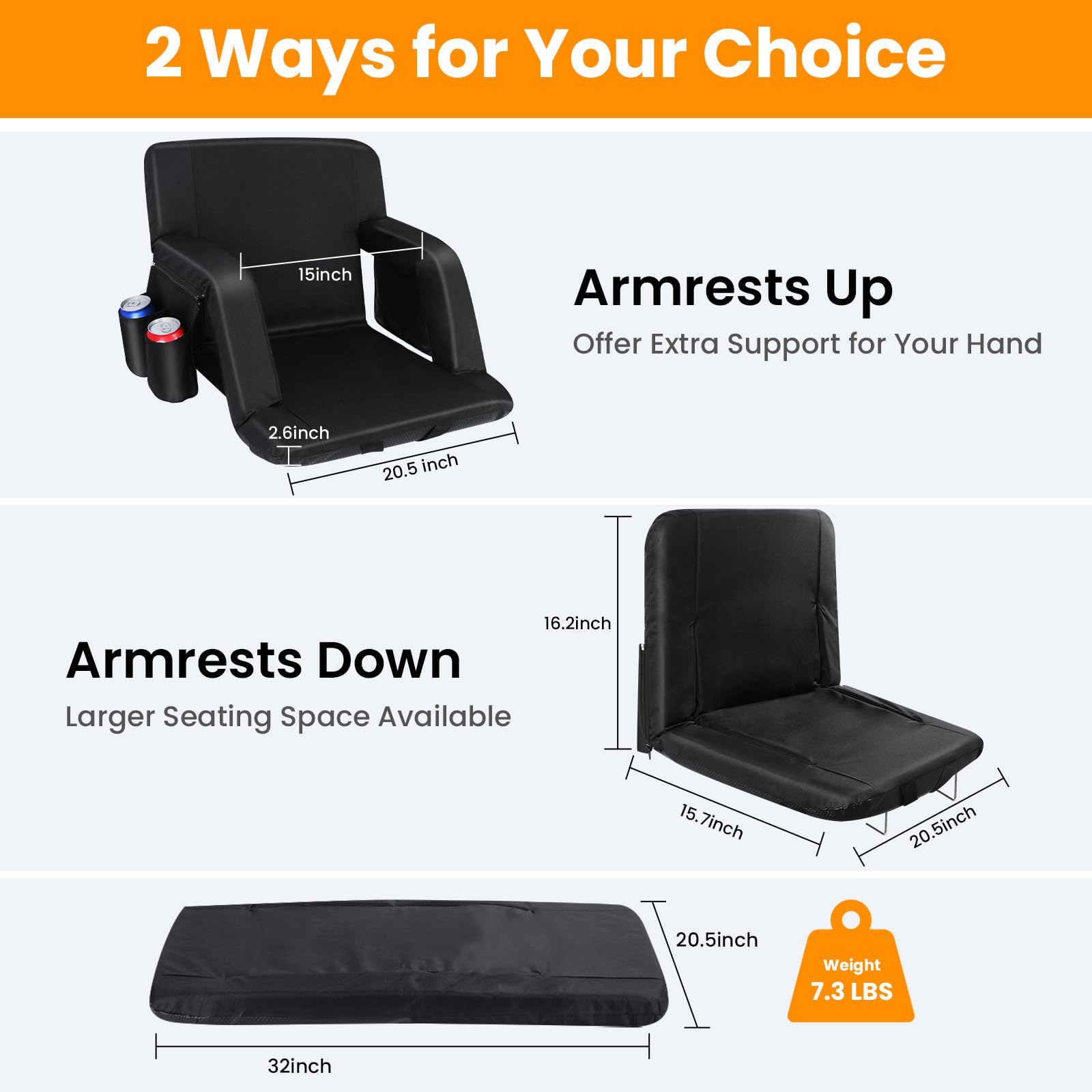 2 Pack Folding Stadium Seats with Back Support & Cushion - Wide Bleacher Chairs with 6 Reclining Positions, Armrests & Cup Holder - Perfect for Outdoor Sports, Beach, Concerts & Bleacher Events