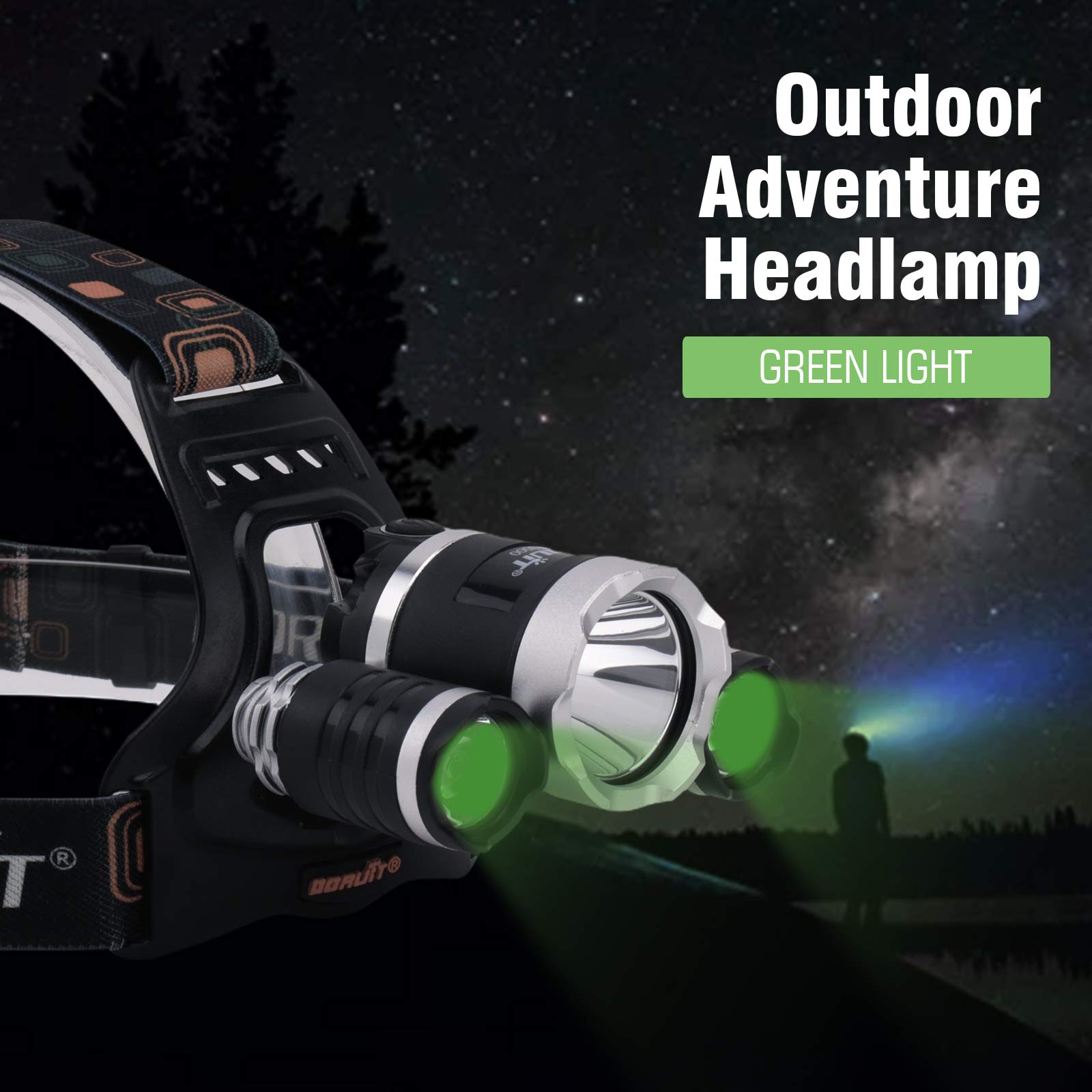 BORUIT RJ-3000 LED Green Headlamp - 5000 Lumens USB Rechargeable Hunting Headlight with 3 Modes (White/Green) - Tactical Headlamp for Fishing, Running, Camping, Hiking & Outdoor Adventures
