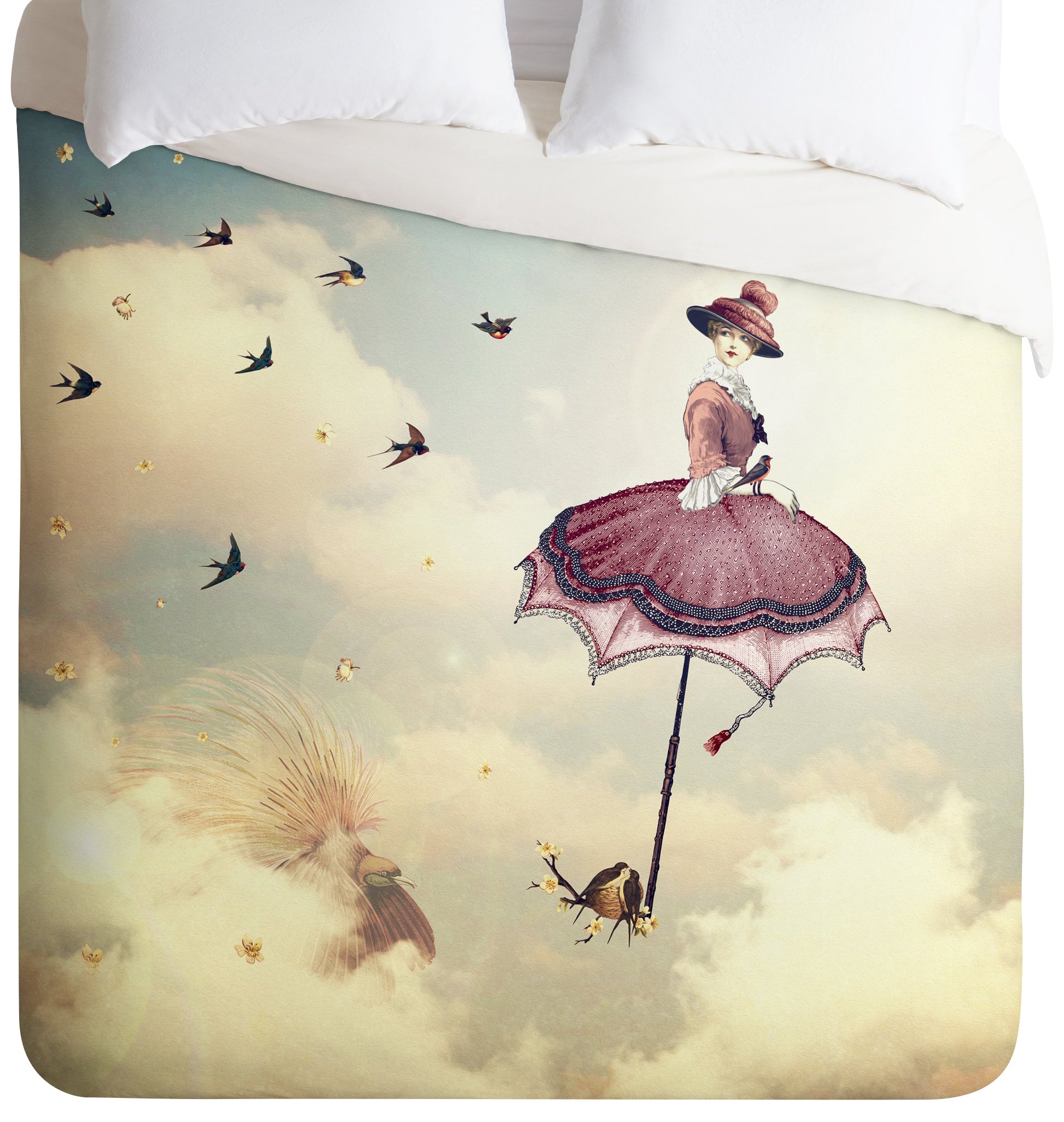 Deny Designs Belle13 Sky Fairy Duvet Cover Set - Queen Size Bedding, Blue & White Floral Fantasy Print - Perfect for Bohemian & Fairy Tale Bedroom Decor