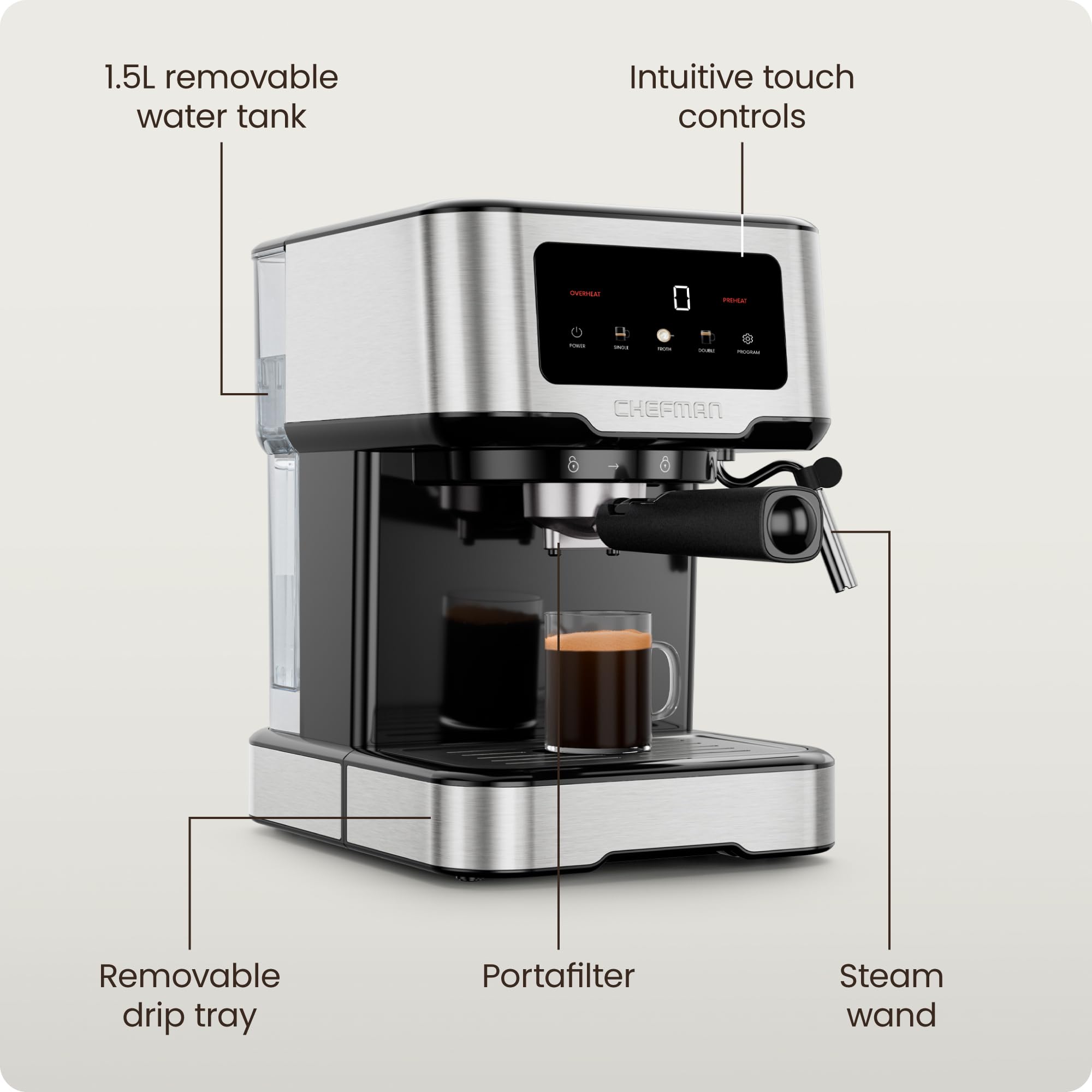 Chefman CraftBrew 15-Bar Espresso Machine with Steam Wand - Compact Stainless Steel Coffee Maker for Latte & Cappuccino, 1.8L Removable Water Tank | Perfect for Home Baristas & Small Kitchens