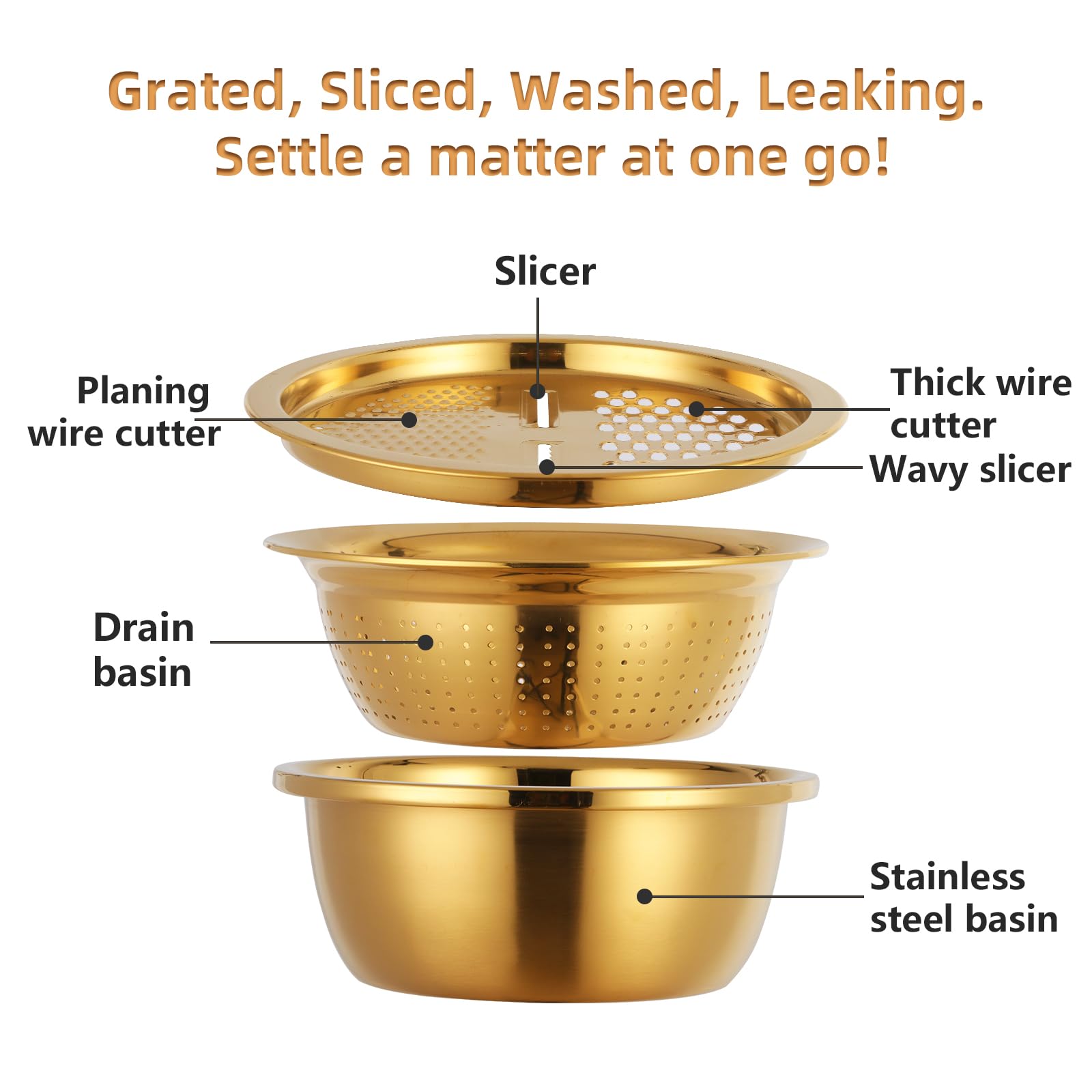3Pcs Stainless Steel Colander Set - 3-in-1 Strainer Bowl, Vegetable Cutter & Drain Basket for Washing Fruits, Vegetables, Rice - Gold Kitchen Tool (Perfect for Salad Prep, Pasta Draining & Mixing Ingredients)