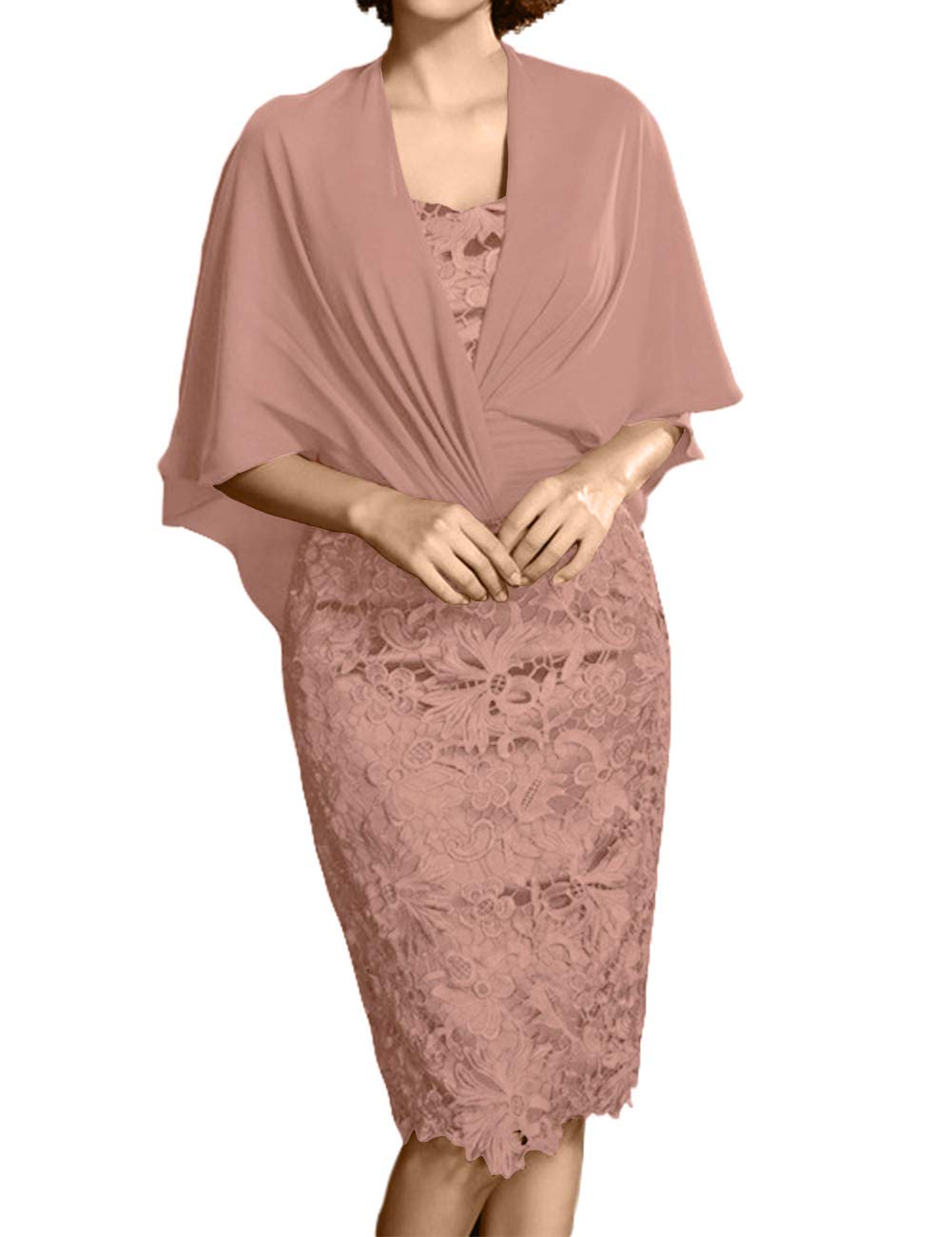Elegant Lace Mother of The Bride Dress - Short Chiffon Formal Evening Gown with Wrap Shawl for Weddings, Parties & Special Occasions