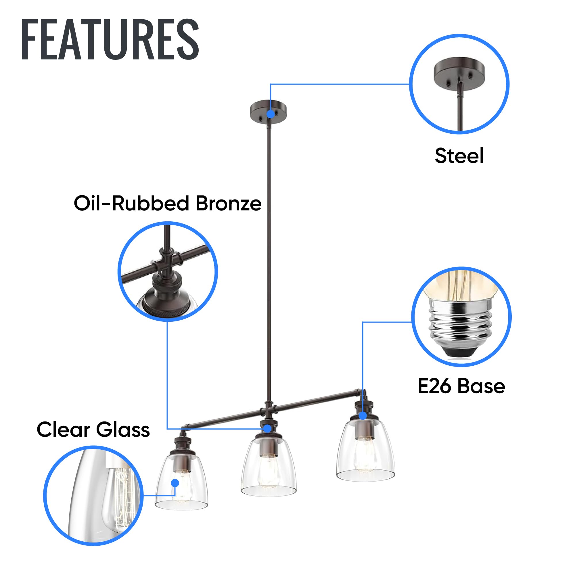 LEDMyplace 3-Light Linear Pendant Lighting Fixture - Bell Shaped Clear Glass Shade with Oil Rubbed Bronze Finish - Farmhouse & Modern Home Decor for Kitchen Island, Dining Room, Bedroom, Living Room, Hallway - E26 Base (Bulbs Not Included)