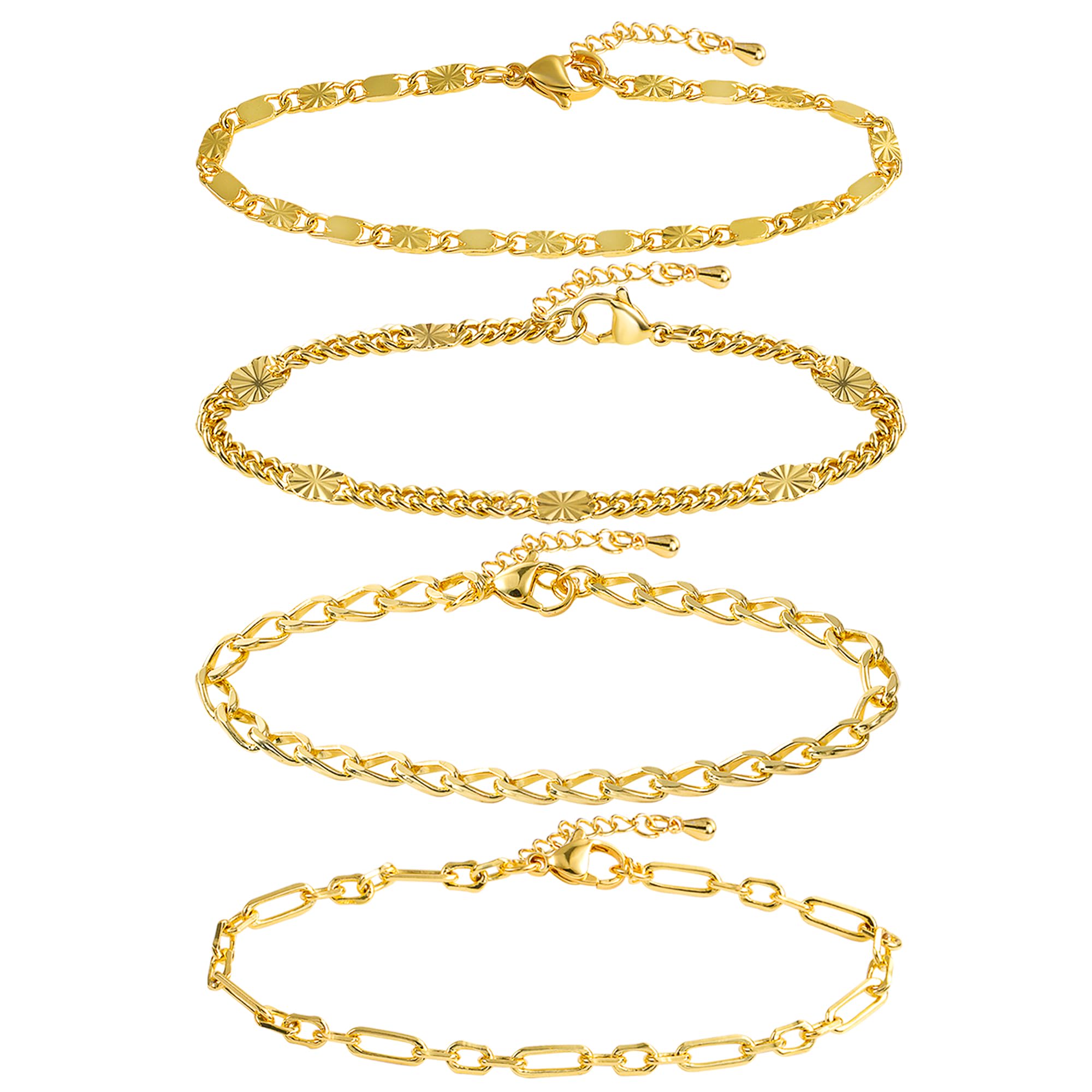 14K Gold Chain Bracelets Set for Women & Girls - Dainty Paperclip Link Bead Stackable Layered Bracelets | Fashion Jewelry for Everyday Wear, Gifts & Special Occasions
