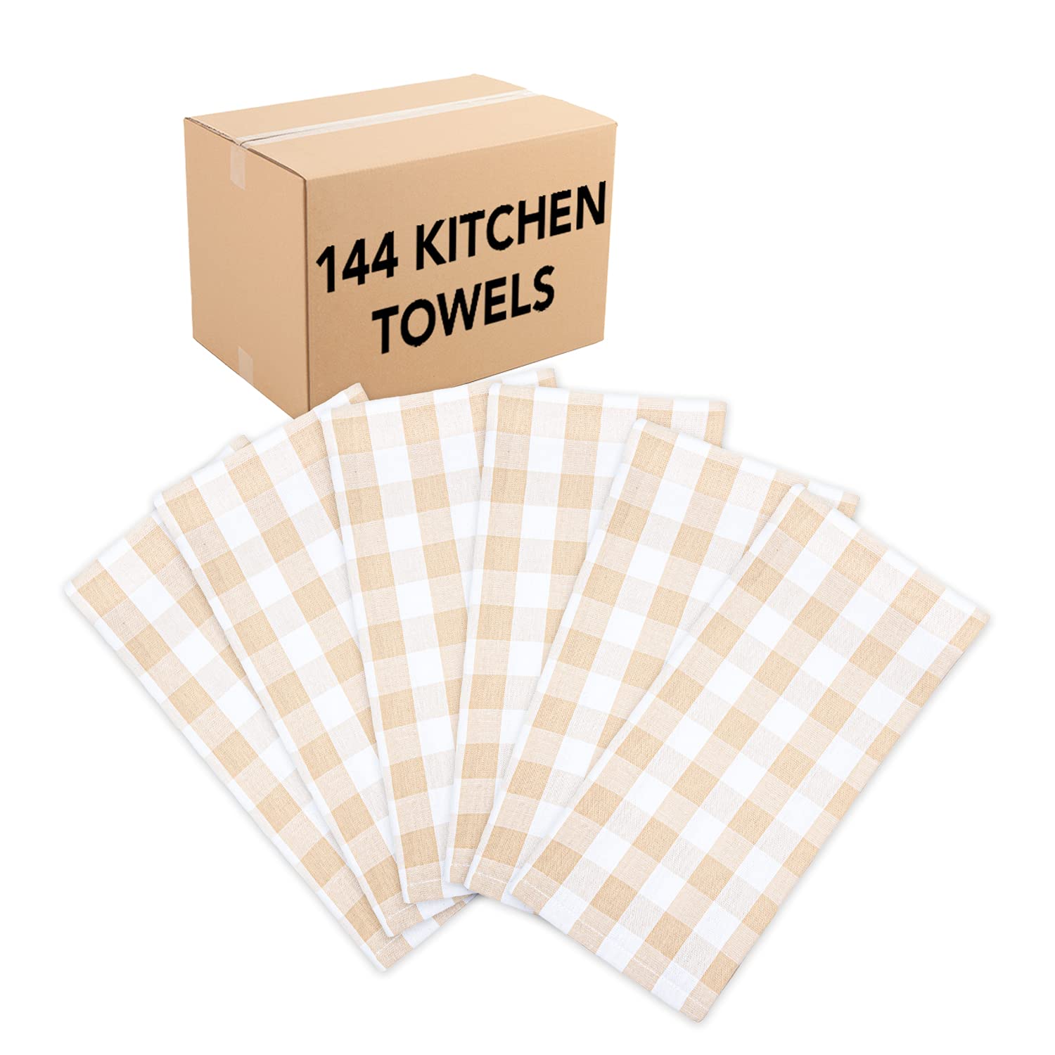 Arkwright Oversized Kitchen Towels 20x30 Inches - 144 Bulk Case of Super Absorbent Buffalo Plaid Dish Cloths & Tea Towels for Kitchen, Restaurant, Bar, Dining Table (Beige) - Perfect for Drying Dishes, Cleaning Countertops & Holiday Decor